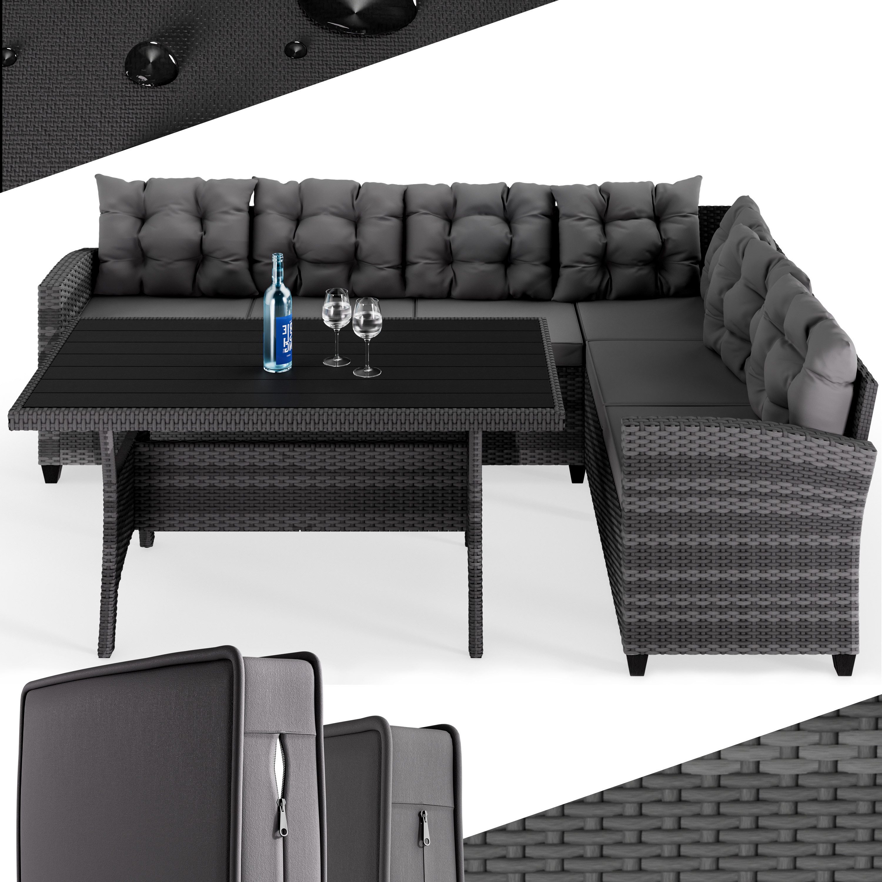 Casaria Gartenlounge-Set Lissabon, Polyrattan WPC Esstisch Eckbank 15cm Kissen 7cm Auflagen Wetterfest