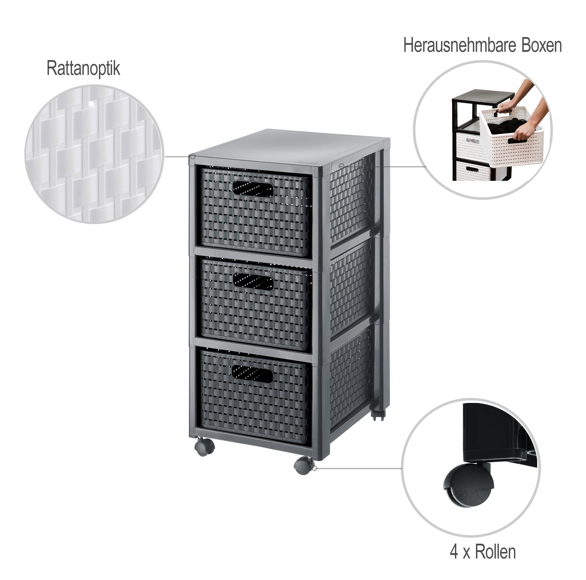 ROTHO Aufbewahrungsbox Country Rollcontainer mit 3 Schubladen in Rattan-Optik