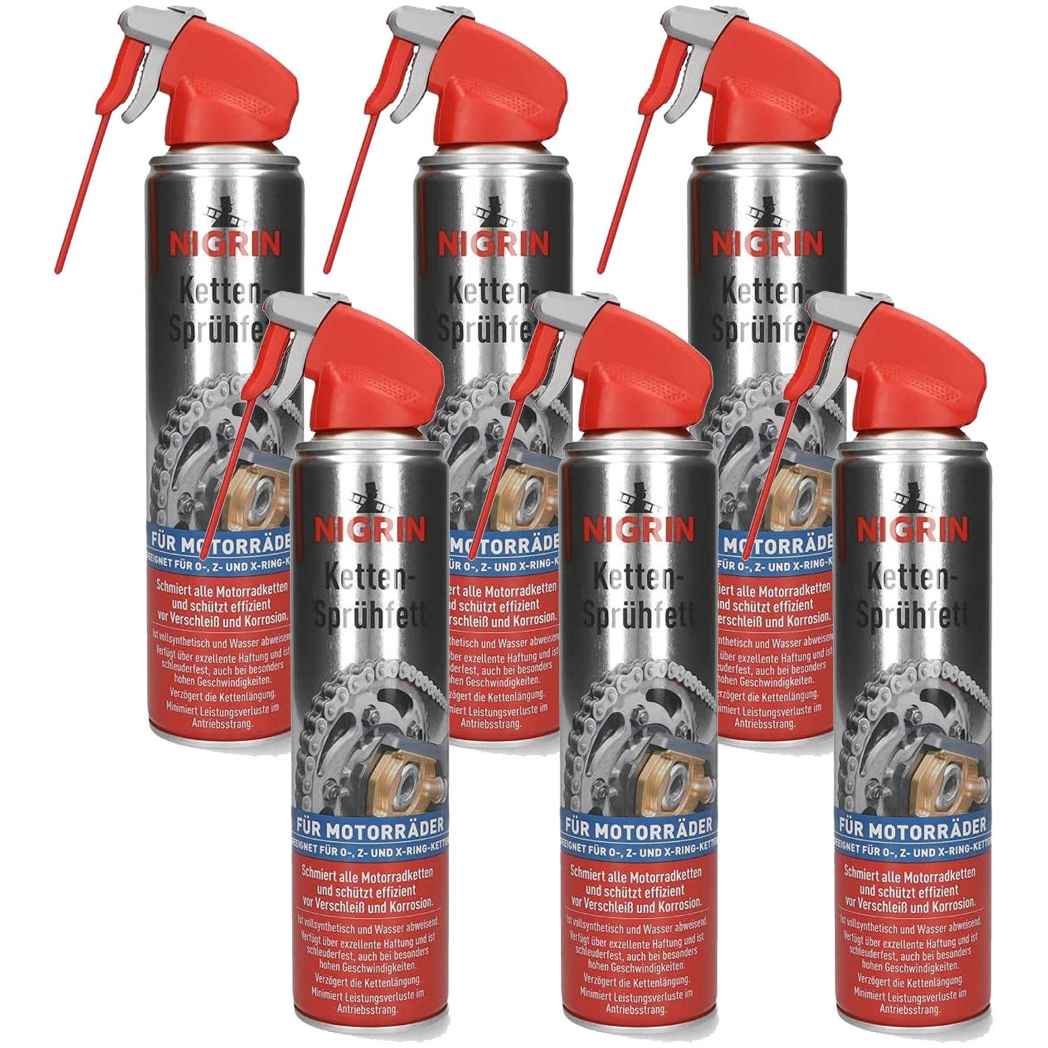 NIGRIN Kettenöl 6x Moto-Bike Ketten-Fett Sprüh-Fett Spray 400ml, 2400 ml, (6-St., 6x MOTO-BIKE Kette-Sprühfett 400ml), Kettenspray Kettenfett für Motorrad O Z X Ring-Kette Fahrrad E-Bike