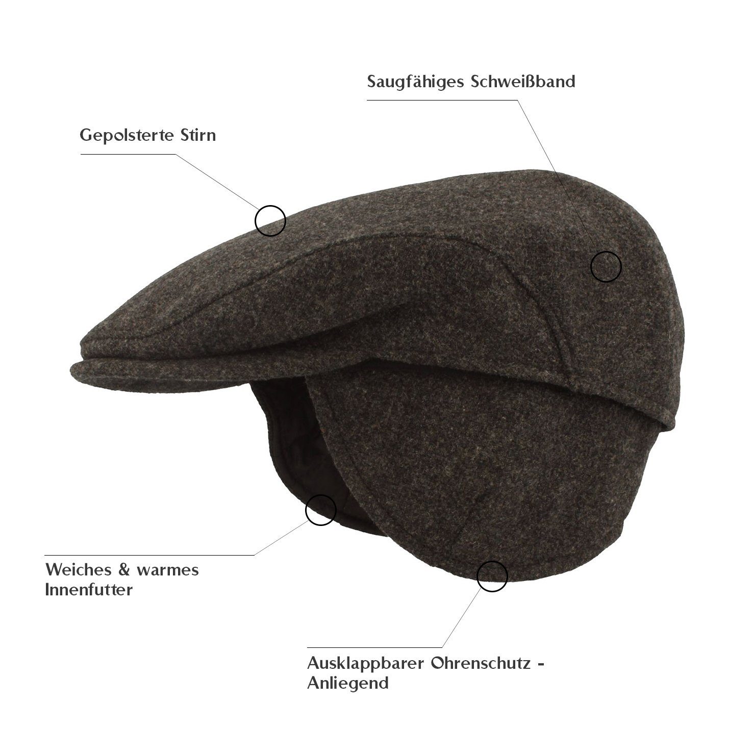 Breiter Schiebermütze Flatcap mit Ohrenklappen oliv aus 35.13.1.021 Wolle