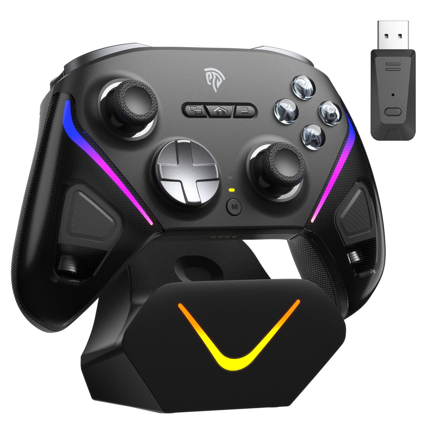 Fanttik D10 Controller PC mit Ladestation, Controller PC Wireless Gaming-Controller (mit TMR Joystick & 2 in 1 Trigger, Wireless-Bluetooth-Gamepad, 1000Hz Polling Controller mit RGB für PC/Switch/Handy)