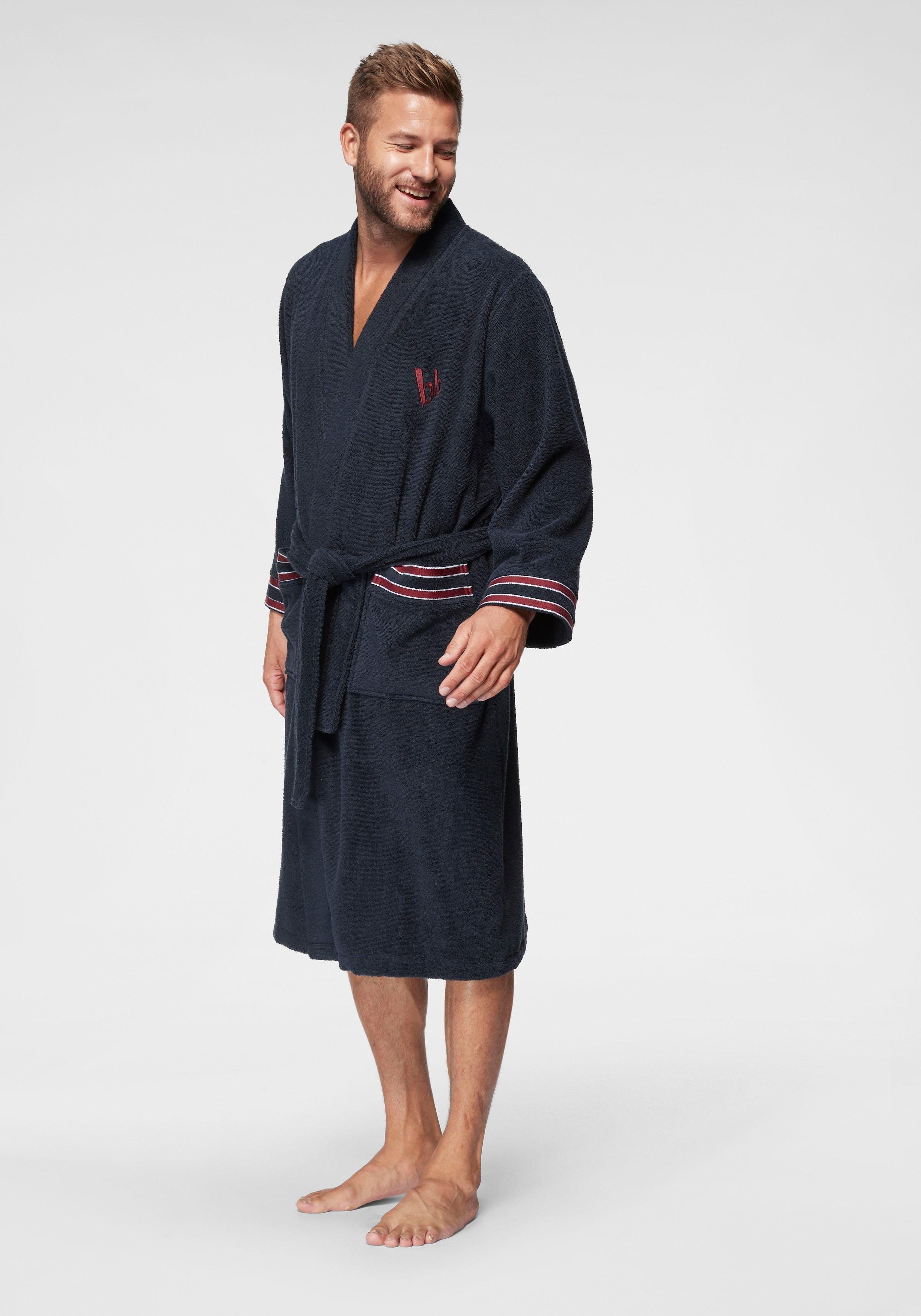 Bruno Banani Herrenbademantel Roy, ideal für Sauna & Spa, Hotelbademantel, Morgenmantel, Langform, Walkfrottee, Kimono-Kragen, Gürtel, mit farblich abgesetzten Streifen, Bademantel, Baumwolle, S-3XL