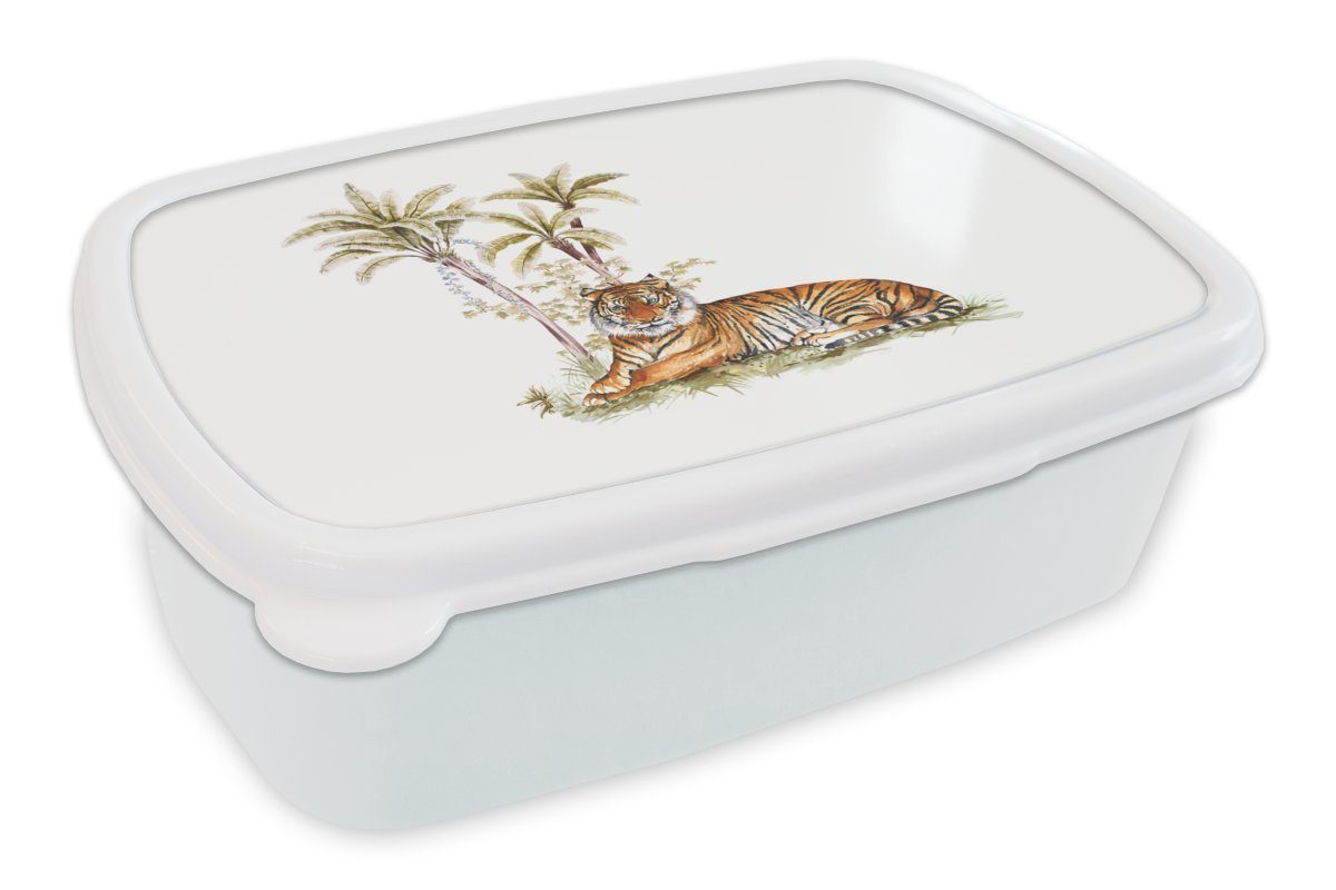 MuchoWow Lunchbox Tiger - Baum - Gemälde, Kunststoff, (2-tlg), Brotbox für Kinder und Erwachsene, Brotdose, für Jungs und Mädchen weiß