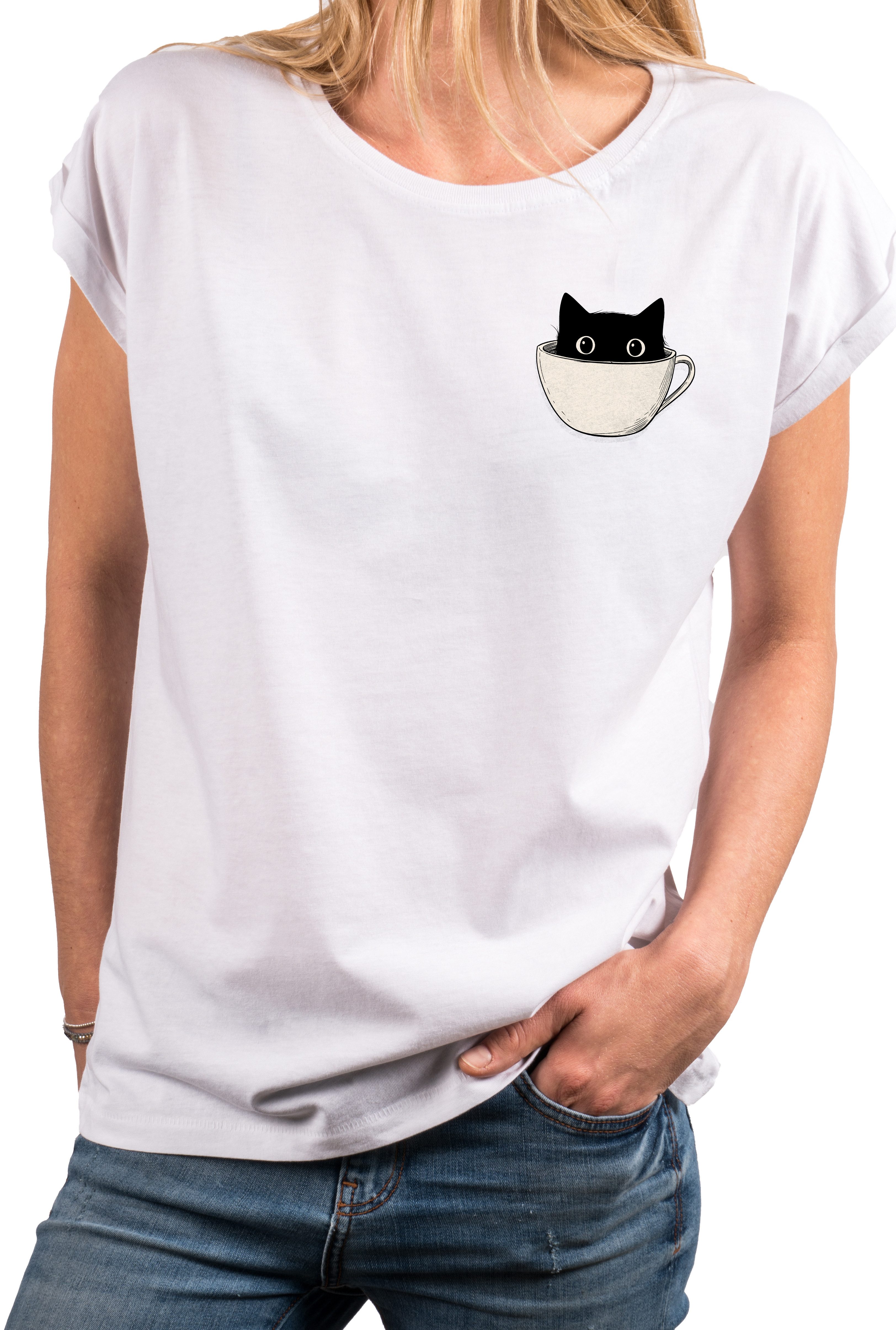T-Shirt Lustiges Damen-Top mit Katzenmotiv – Katze in Kaffeetasse Print