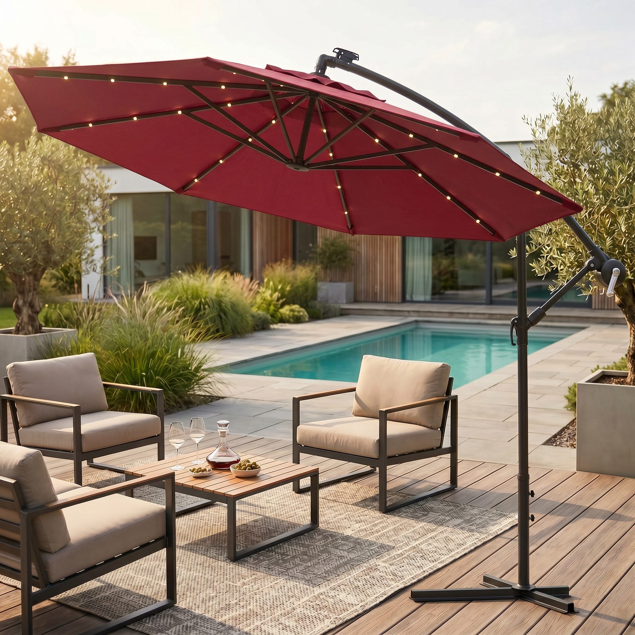Swing&Harmonie Sonnenschirm mit LED Beleuchtung Luxus Ampelschirm 300 / 350cm, Garten Schirm inkl. Abdeckhaube