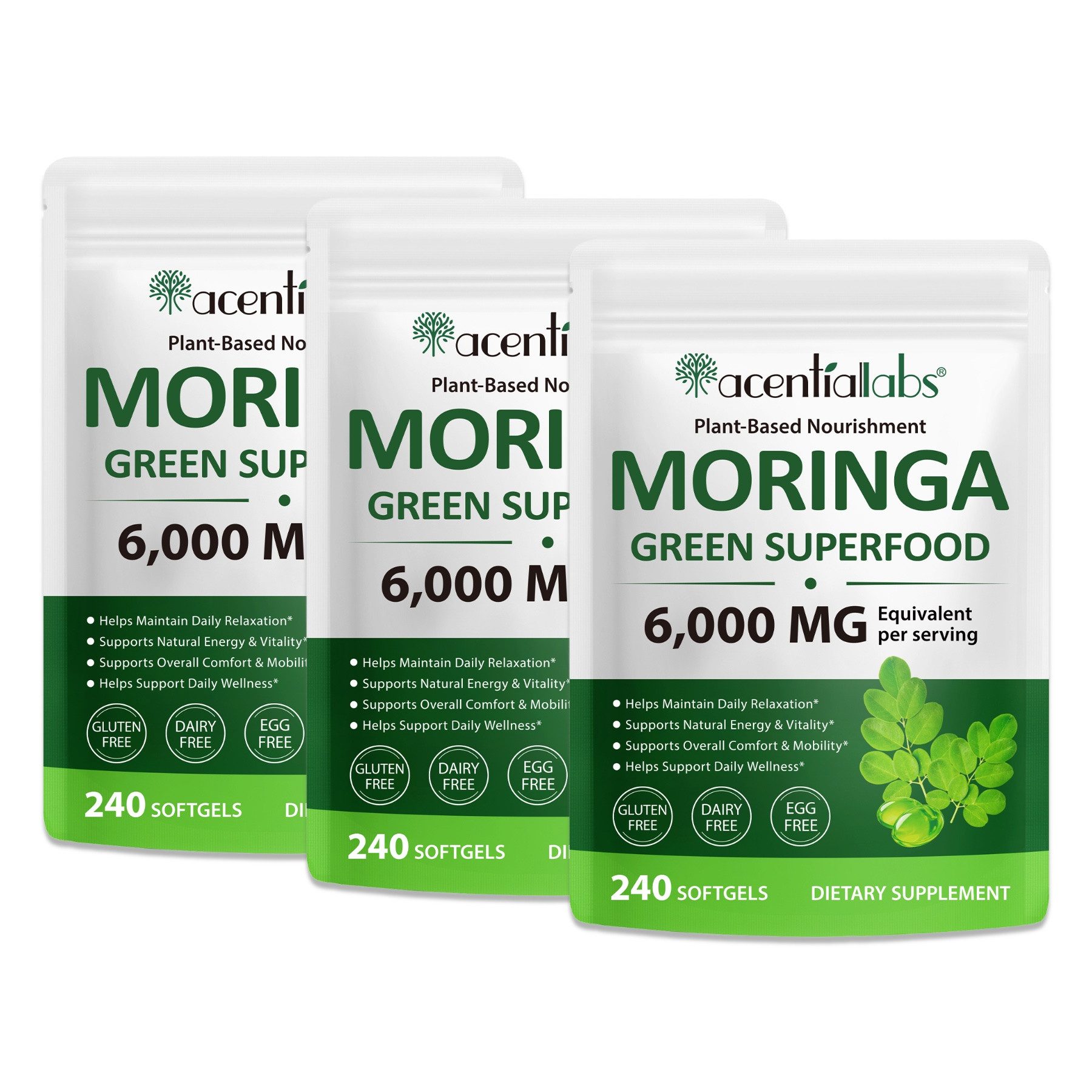 Acentiallabs Moringa Blattpulver Softgels Kapseln 6000mg Hochdosiert Vegan 240 St Kapseln, 240 er, Ergänzungsmittel, Nahrungsergänzungskapseln, Softgels, Moringa
