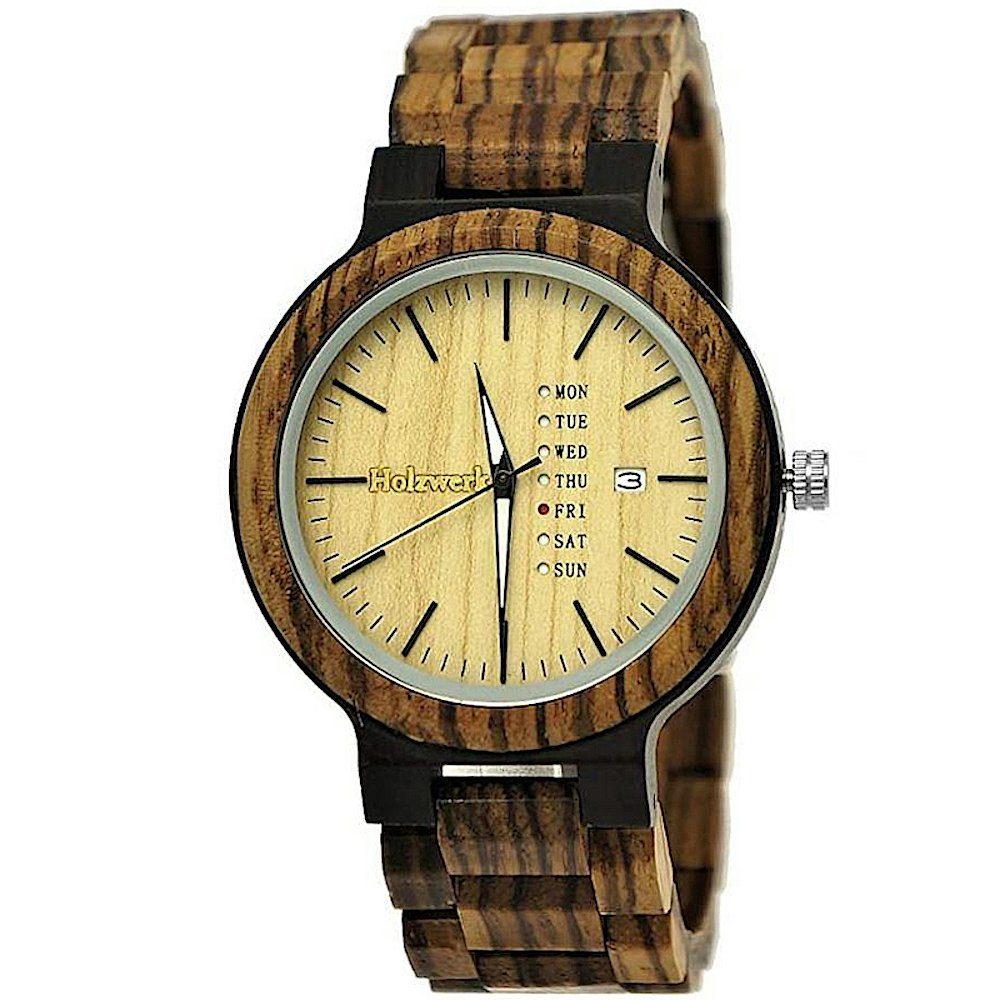 Quarzuhr MALCHOW Damen und Herren Holz Uhr mit Datum in Walnuss braun, beige