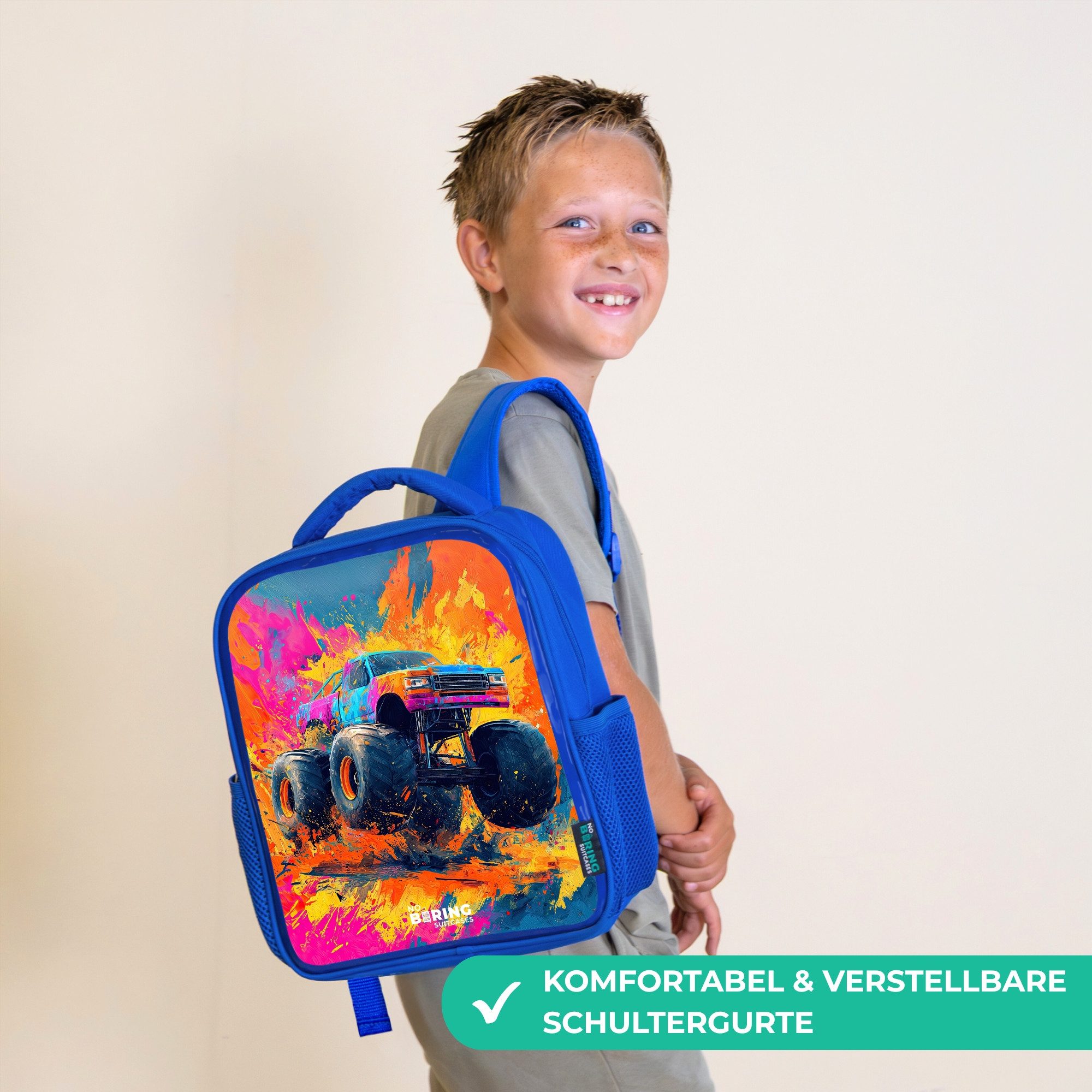 NoBoringSuitcases.com© Rucksack Blau - Monstertruck - Farbspritzer - Bunt - Explosion, Kinderrucksack, Schulrucksack, Freizeitrucksack, Jungen, Kindergarten