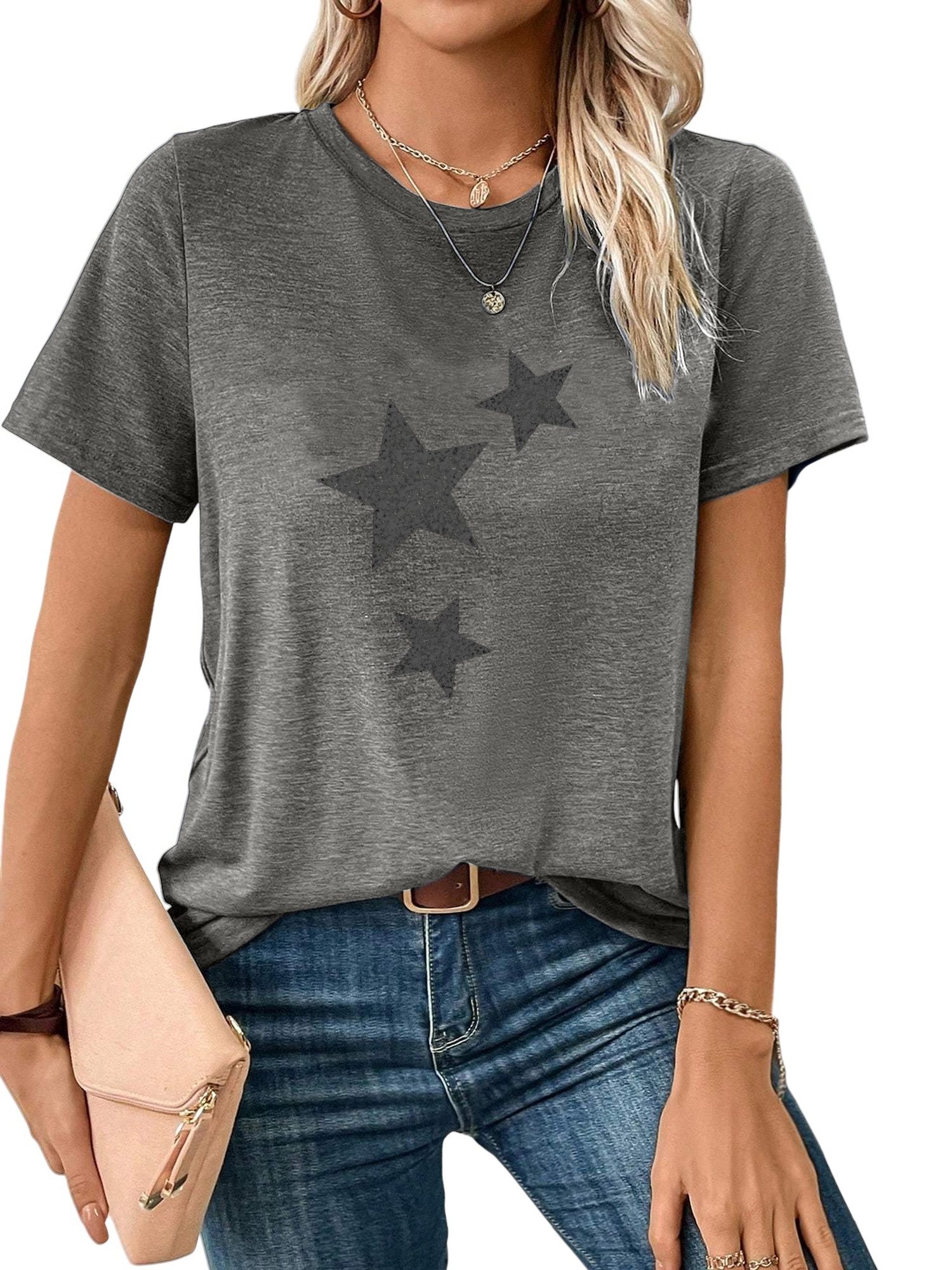 PYL T-Shirt Bequemes Shirt Damen Kurzarm Sommer Basic-Shirt mit ausgefallene Print