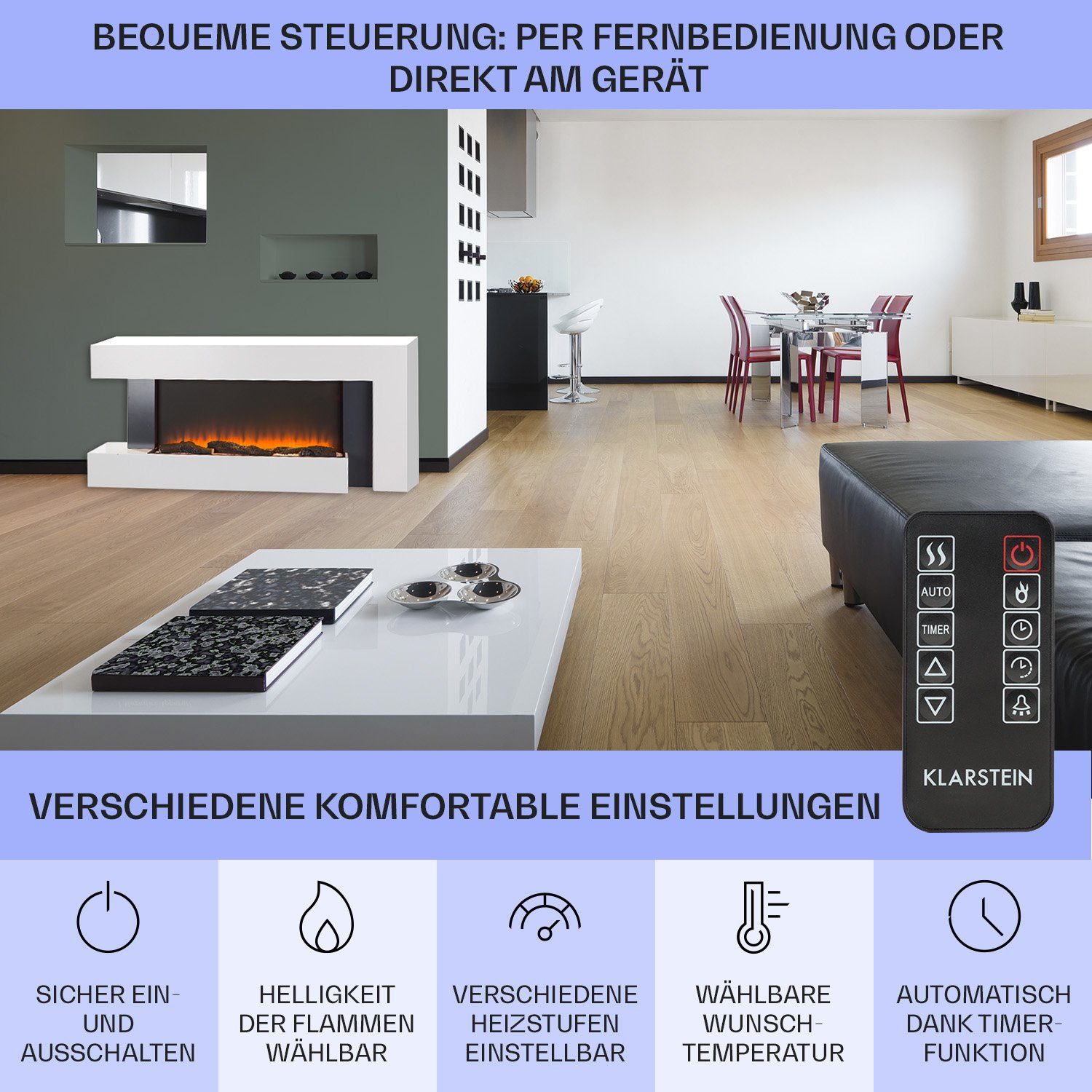 Klarstein Elektrokamin Studio Light & Fire 2, elektrischer Kamin mit Heizfunktion Heizlüfter elektrischer Kaminofen
