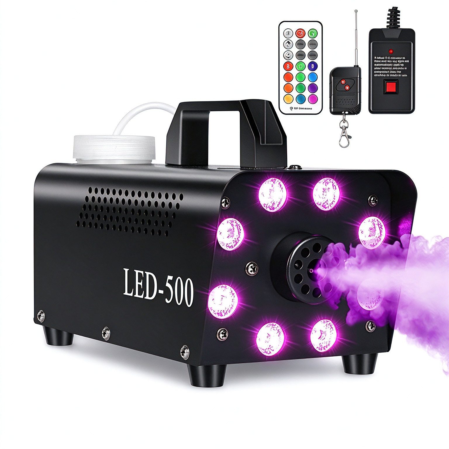 POPOLIC LED Studiobeleuchtung Nebelmaschine 500 W mit 8 RGB-LEDs – Fernbedienung (0,3 L Tank, 2–3 m Sprühweite, Farbwechsel & Helligkeitsregelung), für Halloween, Party, Bühne & Karaoke
