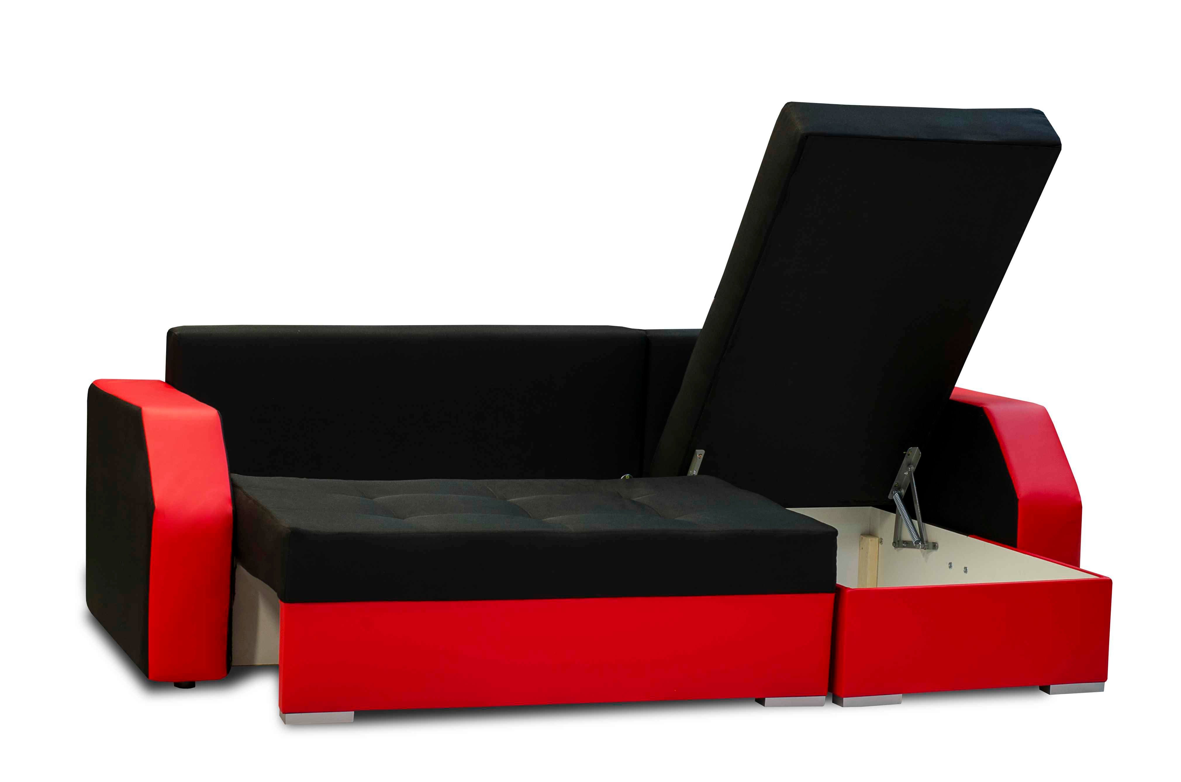 Bettkasten Polstercouch Furnix DL-Auszugmechanik POCOS mit L-Form Schlaffunktion Schlafsofa Eco-Leder Automatik-Unterstützung, Rot, Schwarz