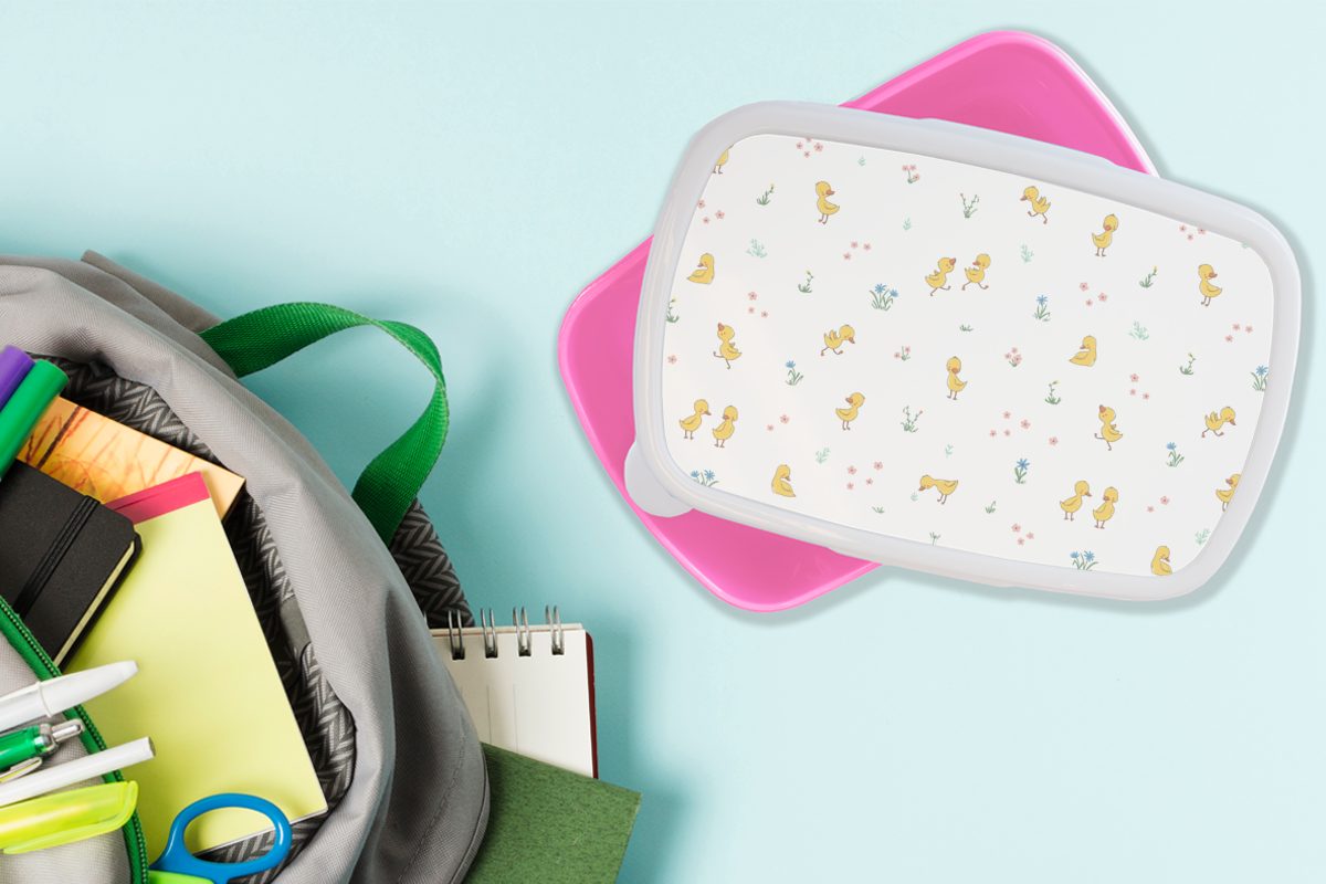 MuchoWow Lunchbox Ente Mädchen, Baby - Brotbox Tiere, Kunststoff rosa - Kunststoff, (2-tlg), Brotdose Kinder, Snackbox, Erwachsene, für