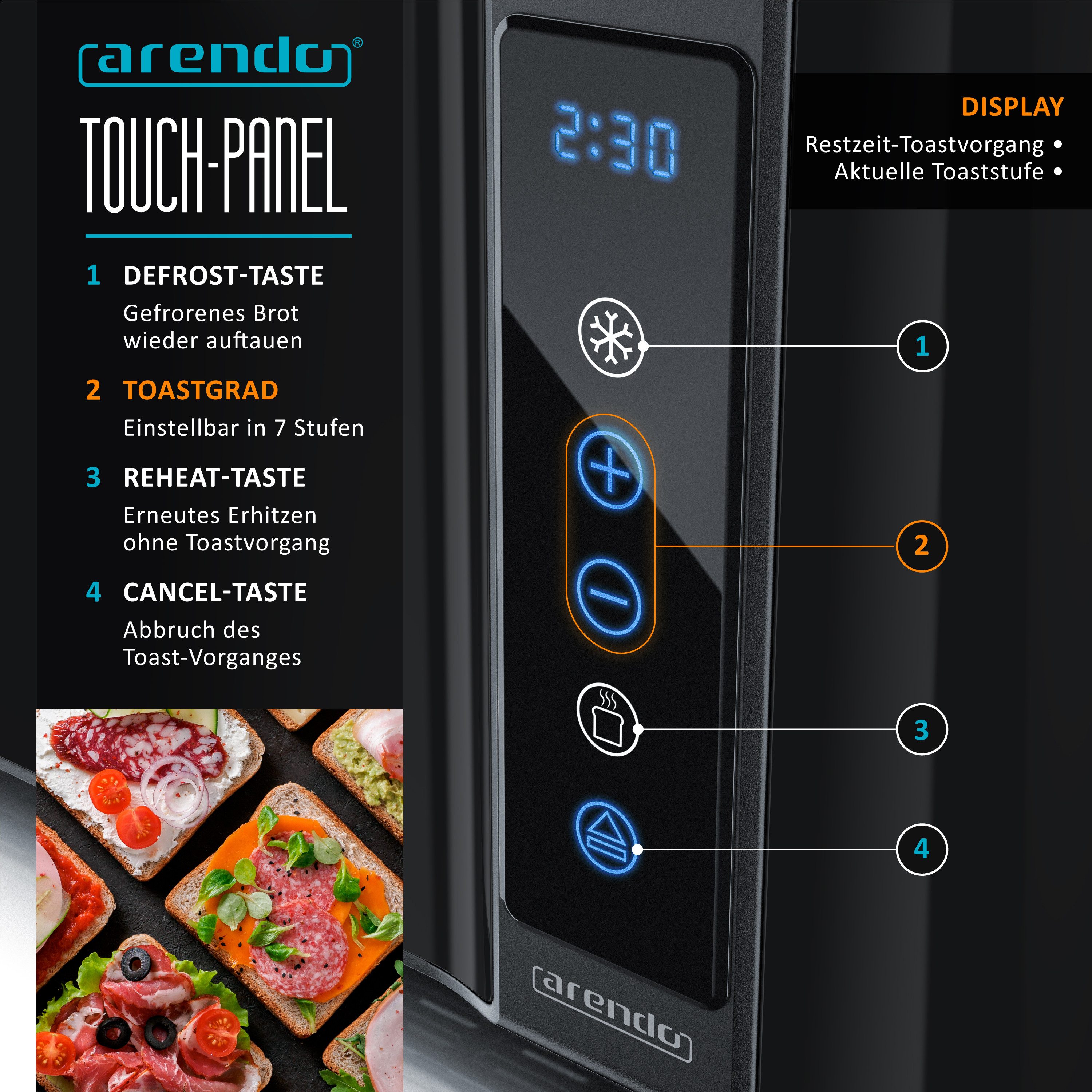 Arendo Toaster 4-Scheiben, Wärmeisoliertes Doppelwandgehäuse, Display Restzeitanzeige, 2 lange Schlitze, für 4 Scheiben, 1500 W, Langschlitz, Brötchenaufsatz, Brotscheibenzentrierung, Touchpanel