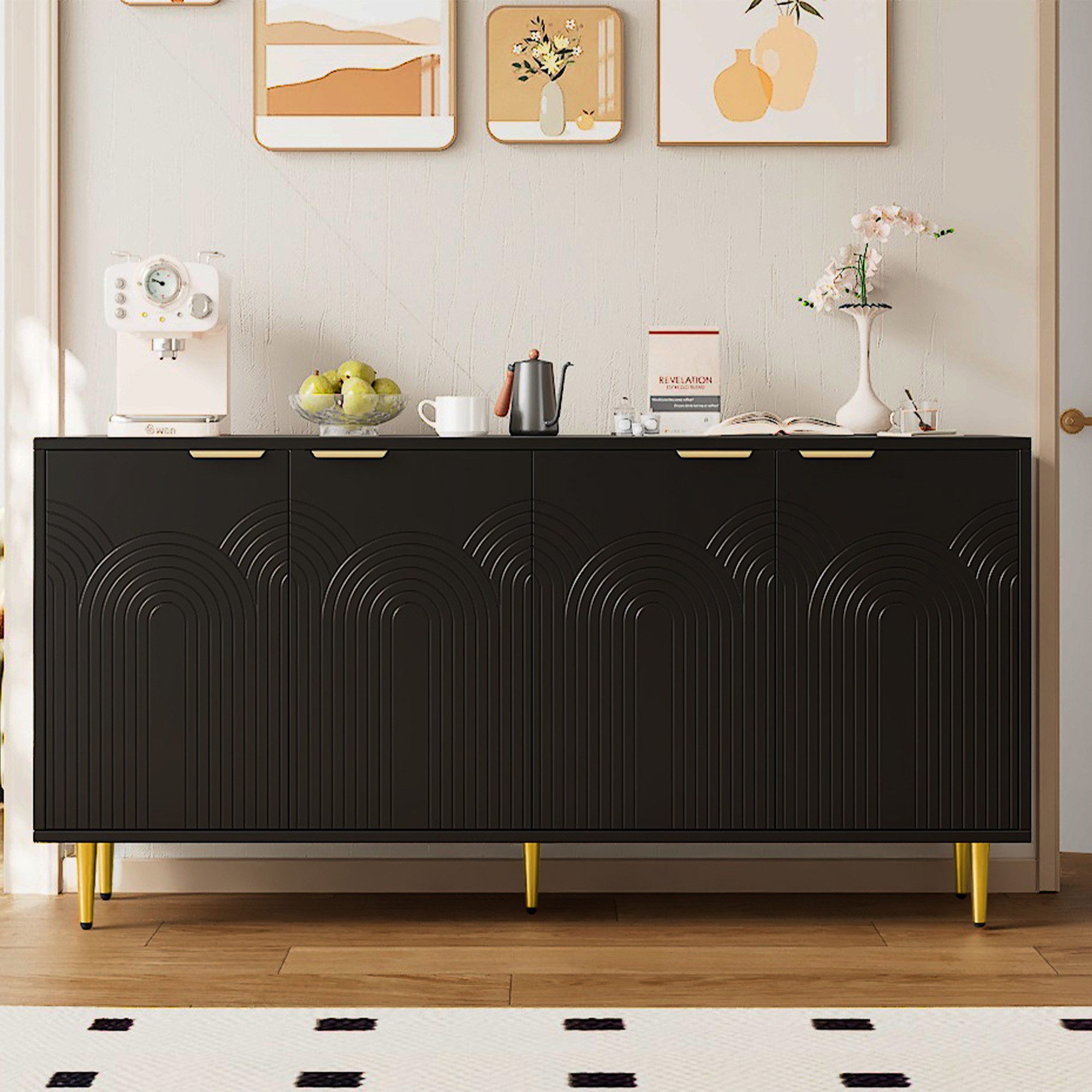 Merax Sideboard Kommode mit 4 Textur Türen (1 St., küche Schrank), Anrichte mit goldene Griffe & Hochglanzbeine