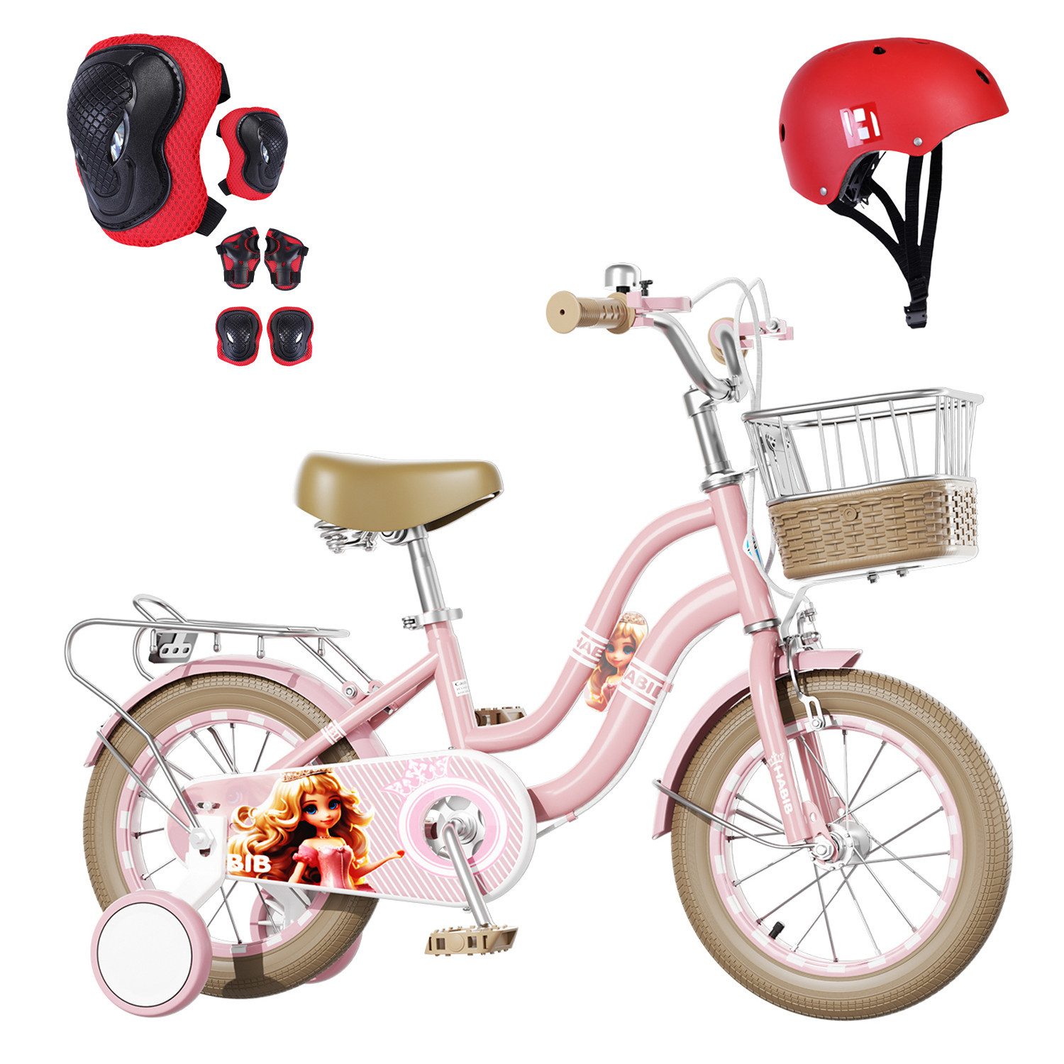 Habib Gruppe Kinderfahrrad Mädchenfahrrad 6-teiligem Schutz-Set & Duales Bremssystem 3-8 Jahre