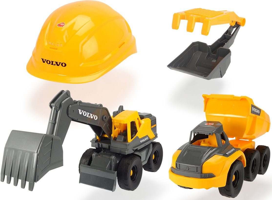 Dickie Toys Spielzeug-Helm Volvo Construction Playset, mit Schaufel/Rechen und 2 Baustellen-Fahrzeugen | Spielzeugautos