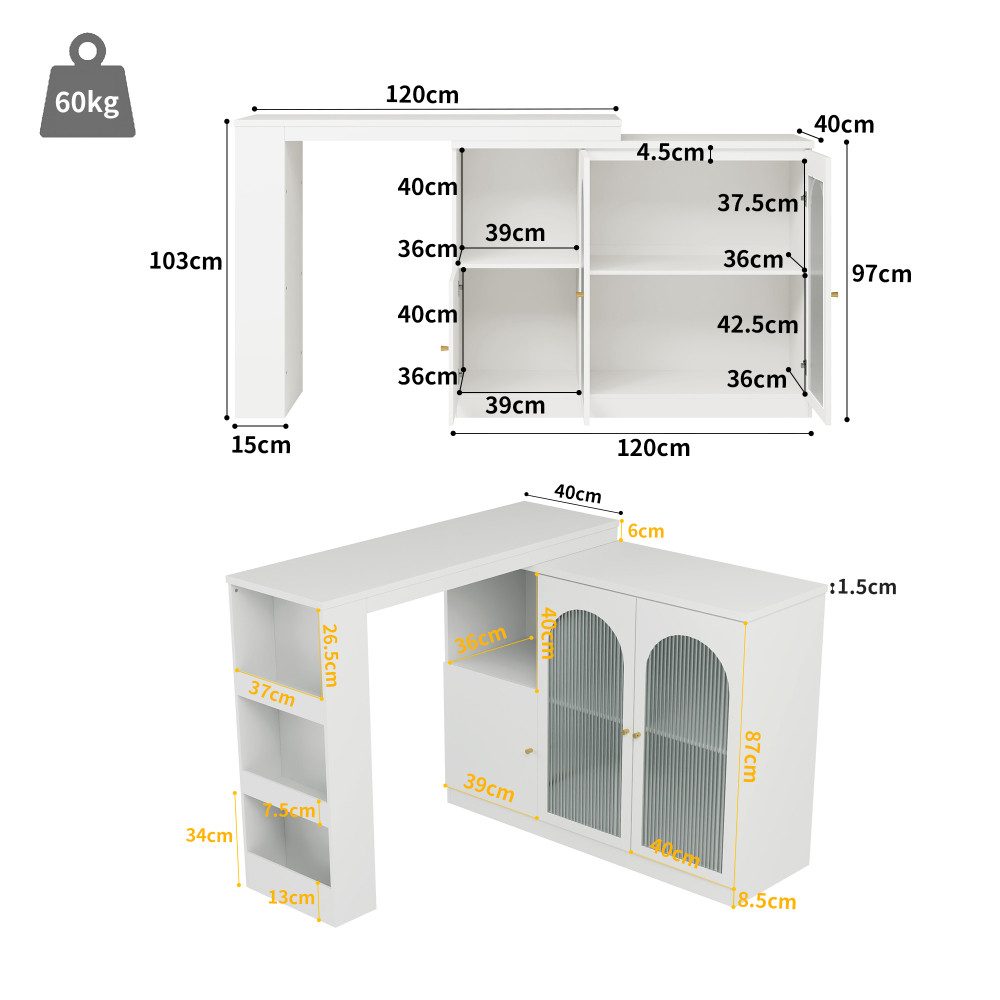BBWL Barschrank Um 360° drehbarer Bartisch 120x40x97 cm aus MDF (moderner Ess- und Barschrank mit Glastüren, vielseitiger Aufbewahrungsschrank für Küche, Wohnzi – Bild 3 von 5