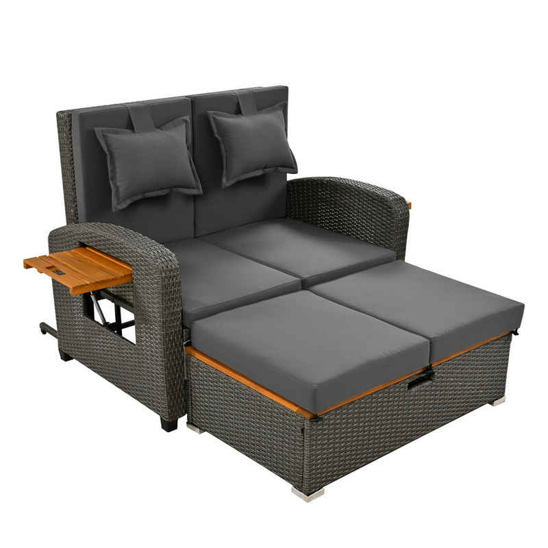 Tongtong Gartenlounge-Sessel für 2 Personen, graues Rattan, verstellbare Rückenlehne (mit Rückenkissen und Sitzkissen), mit Fußhocker oder als Outdoor-Bett nutzbar