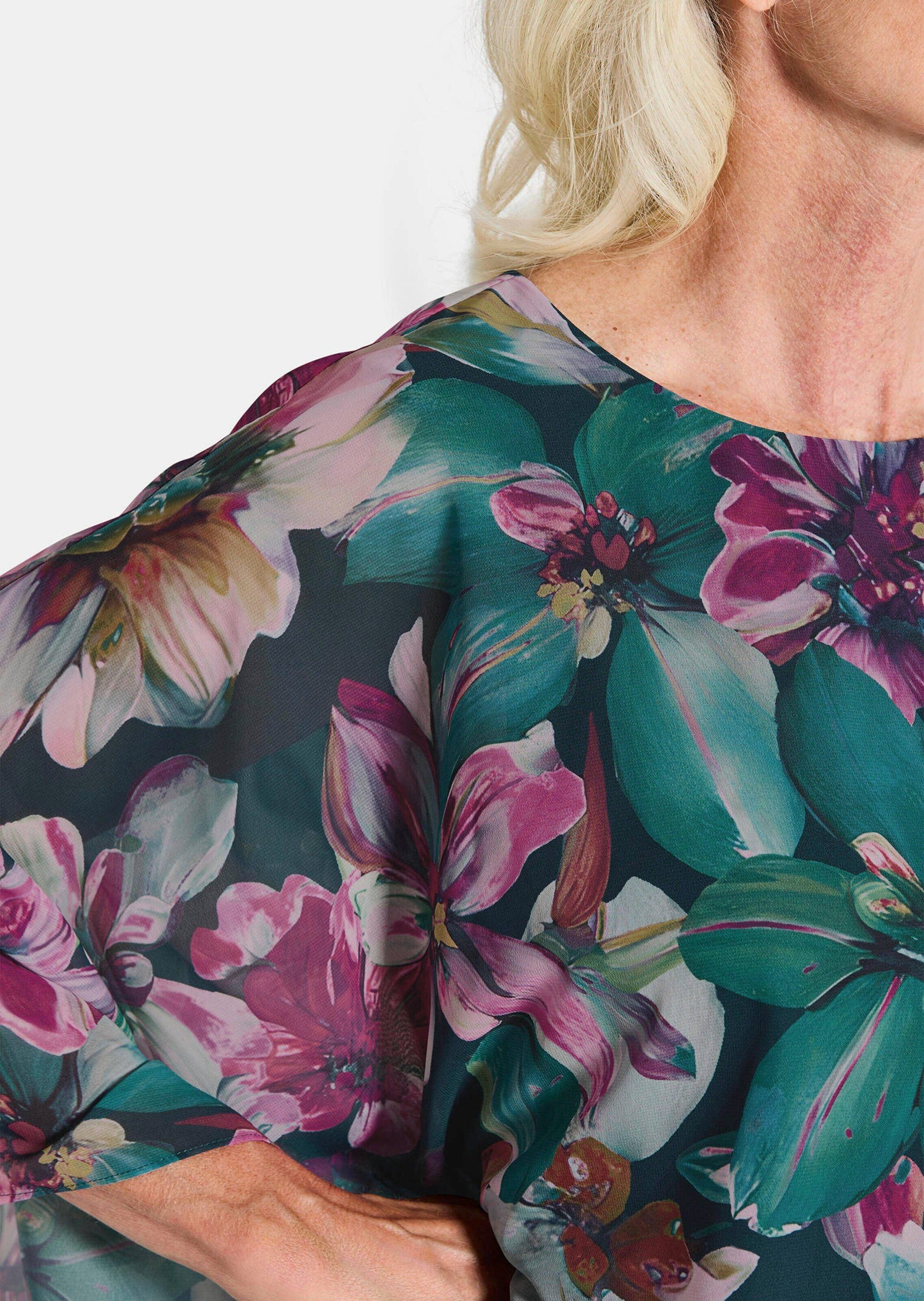 GOLDNER Tunika Elegantes Blusenshirt, florales Design Jerseyshirt mit Chiffon-Überwurf, U-Boot-Ausschnitt und 3/4-Arm