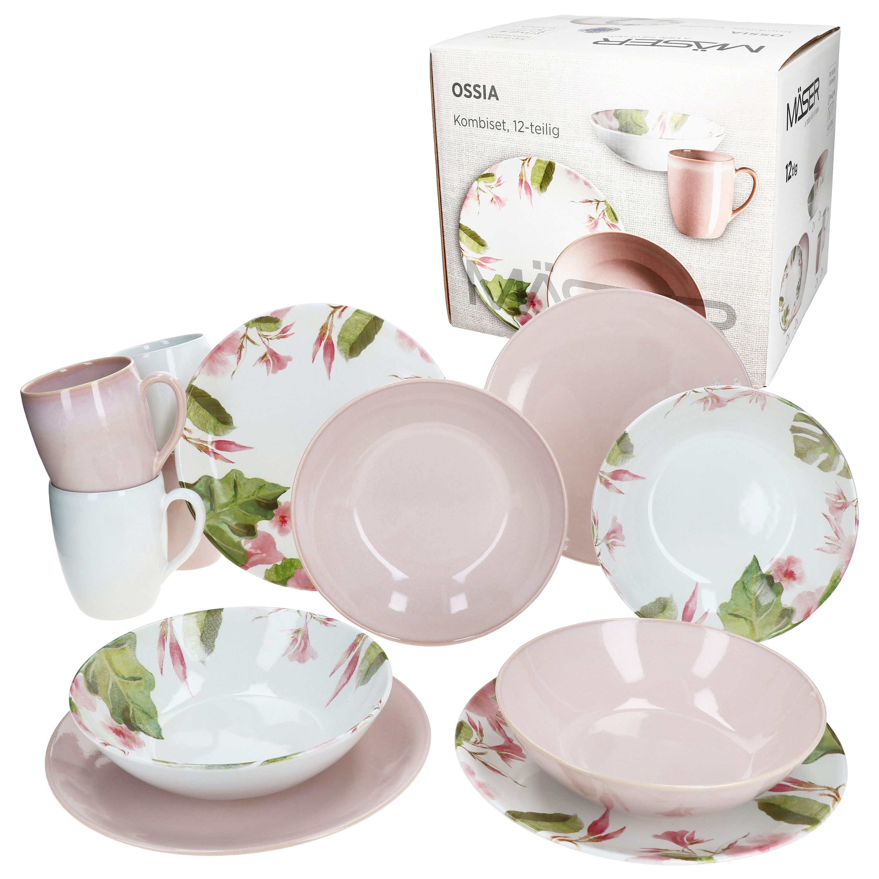MÄSER Frühstücks-Geschirrset Ossia 12tlg Exotic Tearose rosa Frühstücksset, Steingut