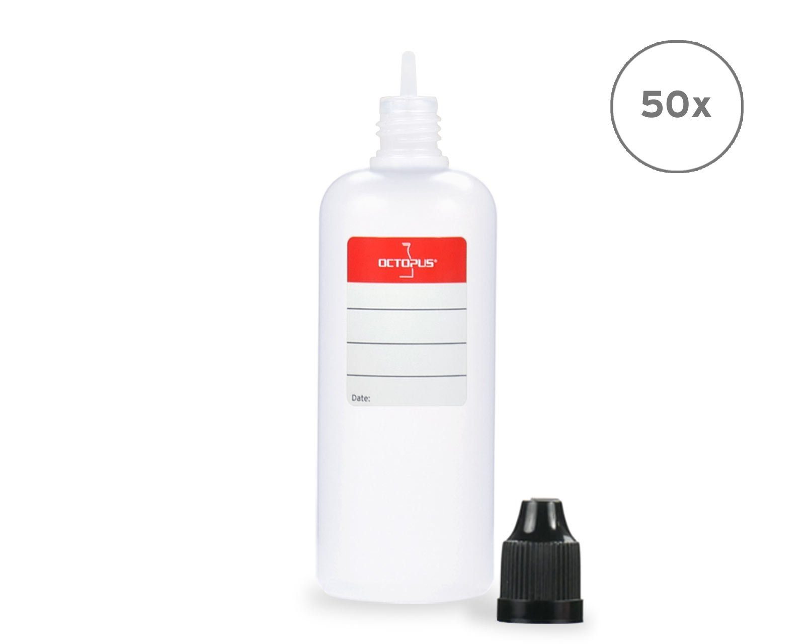 OCTOPUS Kanister 50 Plastikflaschen 100 ml LDPE, G14, Tropfeinsatz, Deckel schwarz, (50 St)