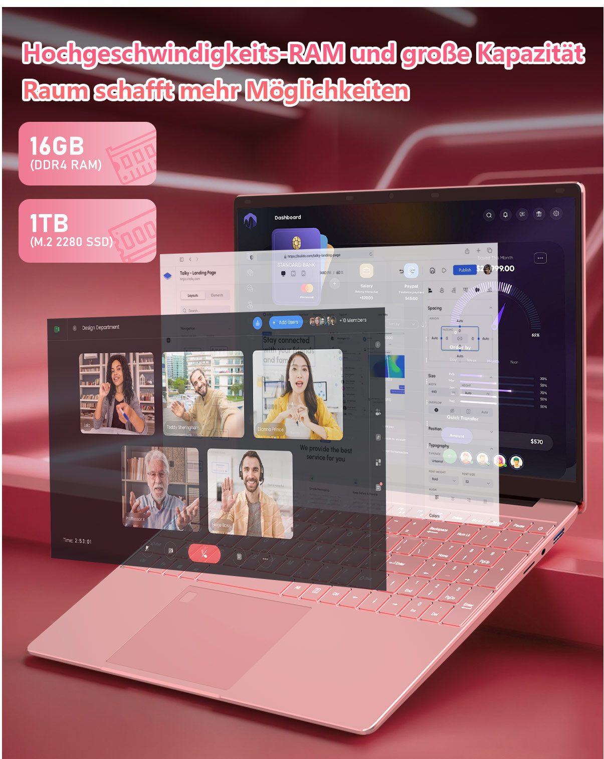 Molegar 15,6-Zoll Laptop für Studenten, Hintergrundbeleuchtete Tastatur Notebook (39,6 cm/15.6 Zoll, Intel Celeron 5205U, Intel® UHD Graphics, 16 GB, 1024 GB SSD, Fingerabdruckleser, 180° Scharnier, 6000mAh lange Akkulaufzeit)