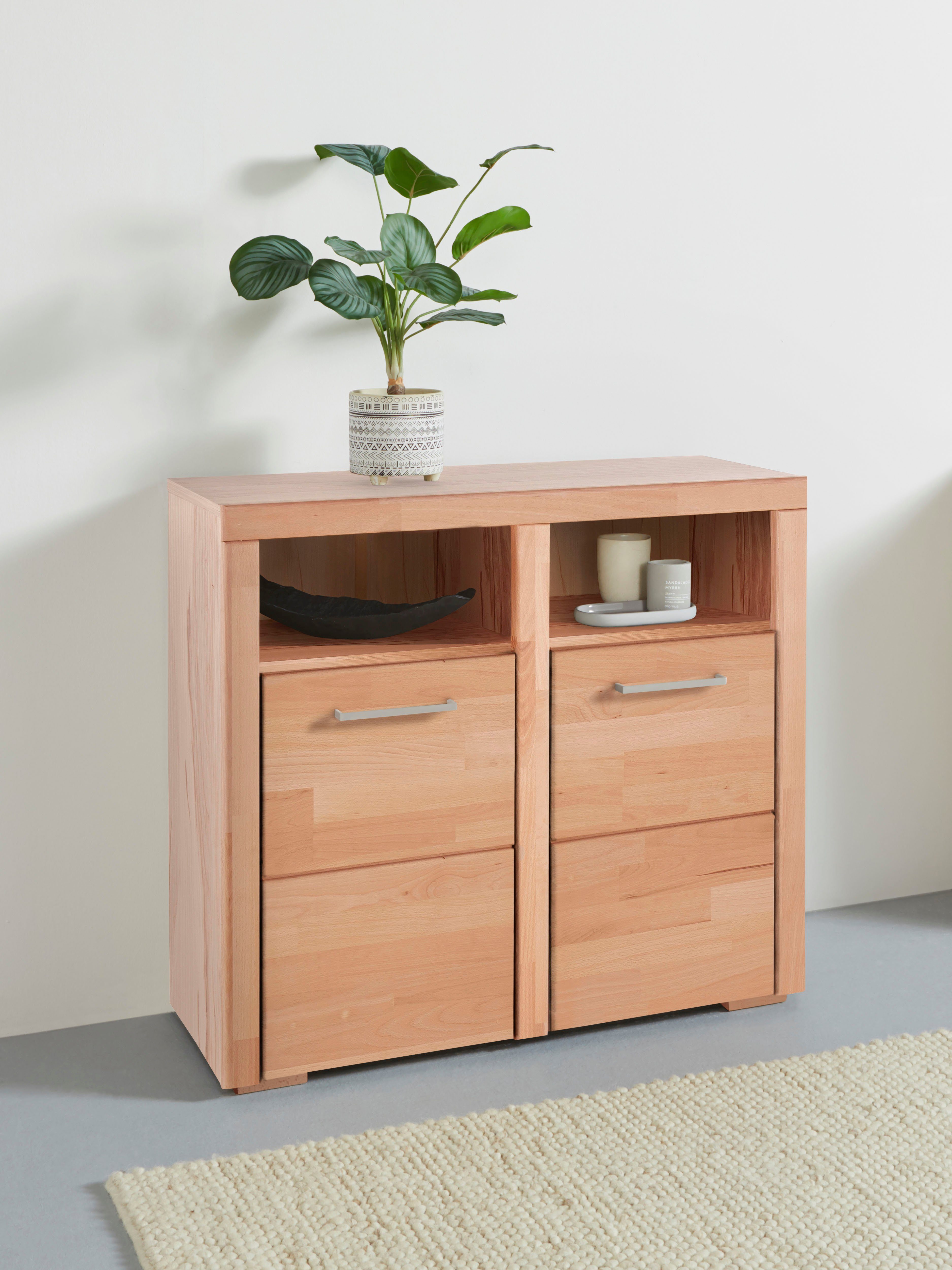 OTTO home Kommode Falco,89cm breit,35 cm tief, Fronten Massivholz, Kernbuche massiv, Holzwerkstoff, Metall Griffe,6Fächer