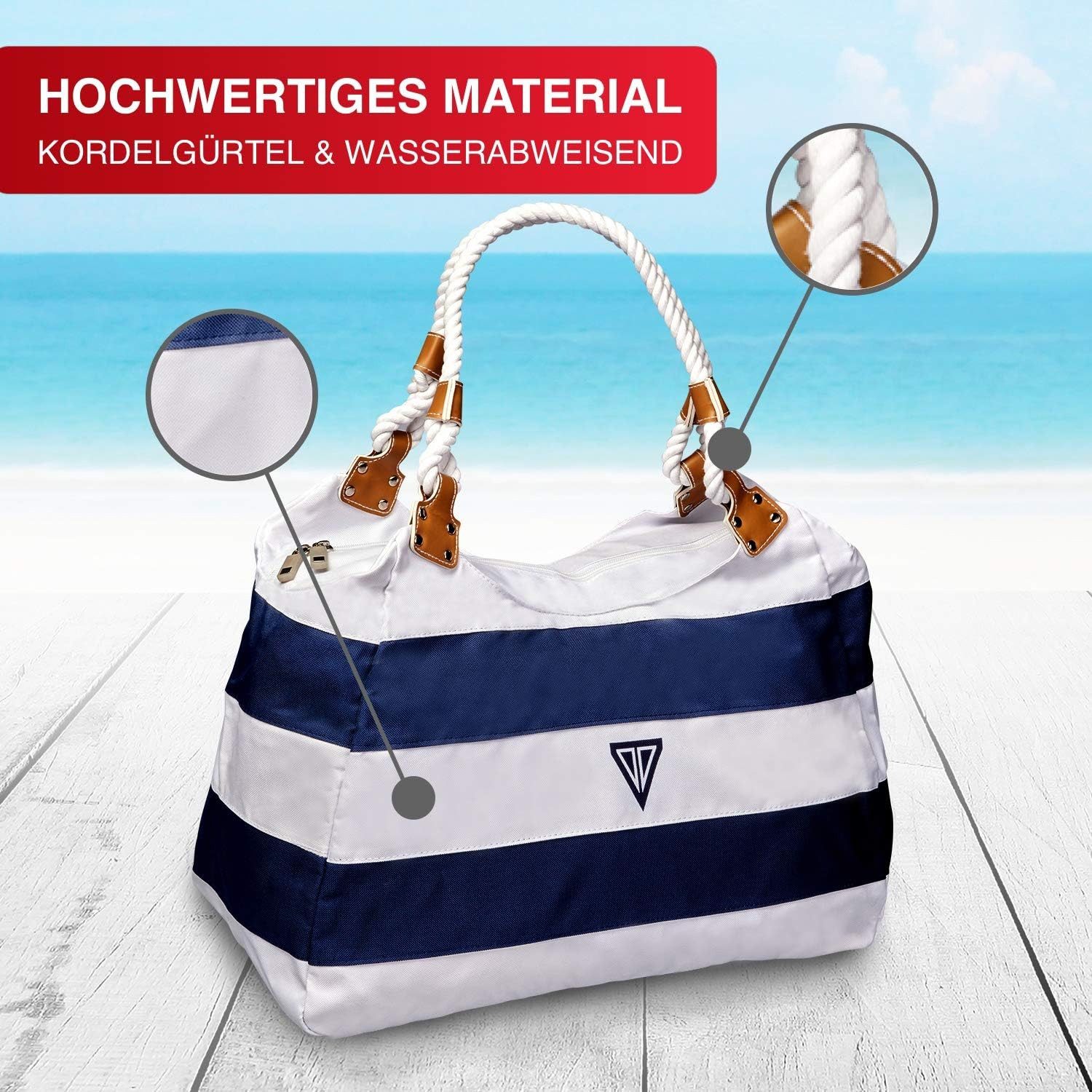 WildStage Shopper Strandtasche mit Reißverschluss Damen Shopper Tasche 45x36cm Blau (Tragetasche XL mit Reißverschluss Innentasche Schultergurten, XL Shopper mit Reißverschluss und Innentasche für Strand Sauna), XL Umhängetasche mit Tragegurt und Innentasche für Strand Sauna Reise