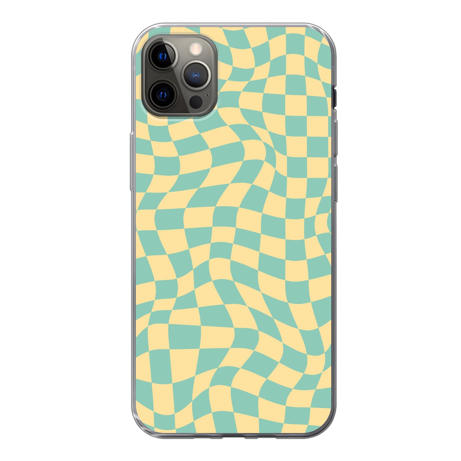 MuchoWow Handyhülle für Apple iPhone 12 Pro Max Quadratisches Muster - Gelb - Blau - Welle, Smartphone-Bumper, Print, Handy Schutzhülle Dünn