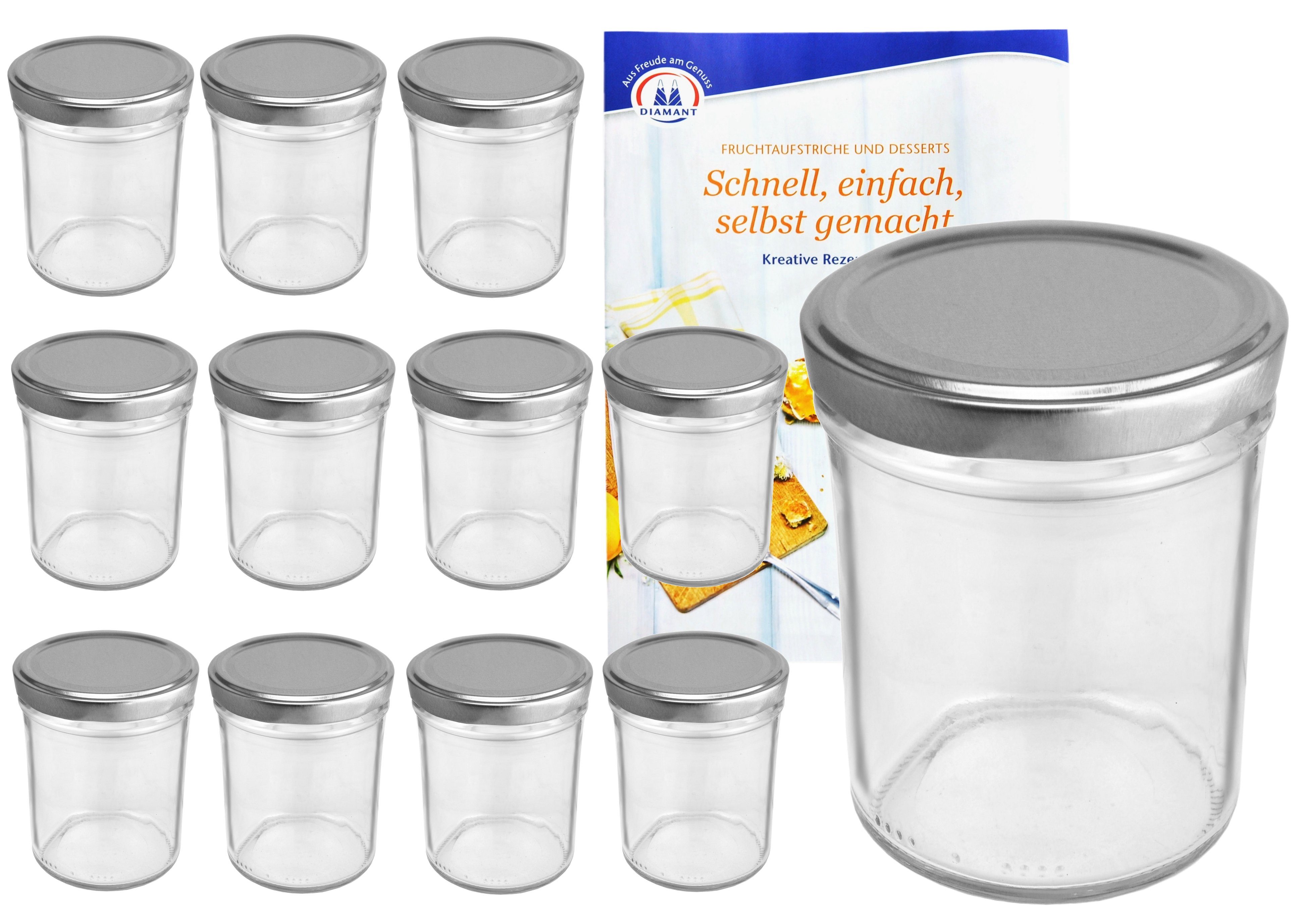 MamboCat Einmachglas 12er Set Sturzglas 230 ml HOCH To 66 silberner Deckel incl. Rezeptheft, Glas