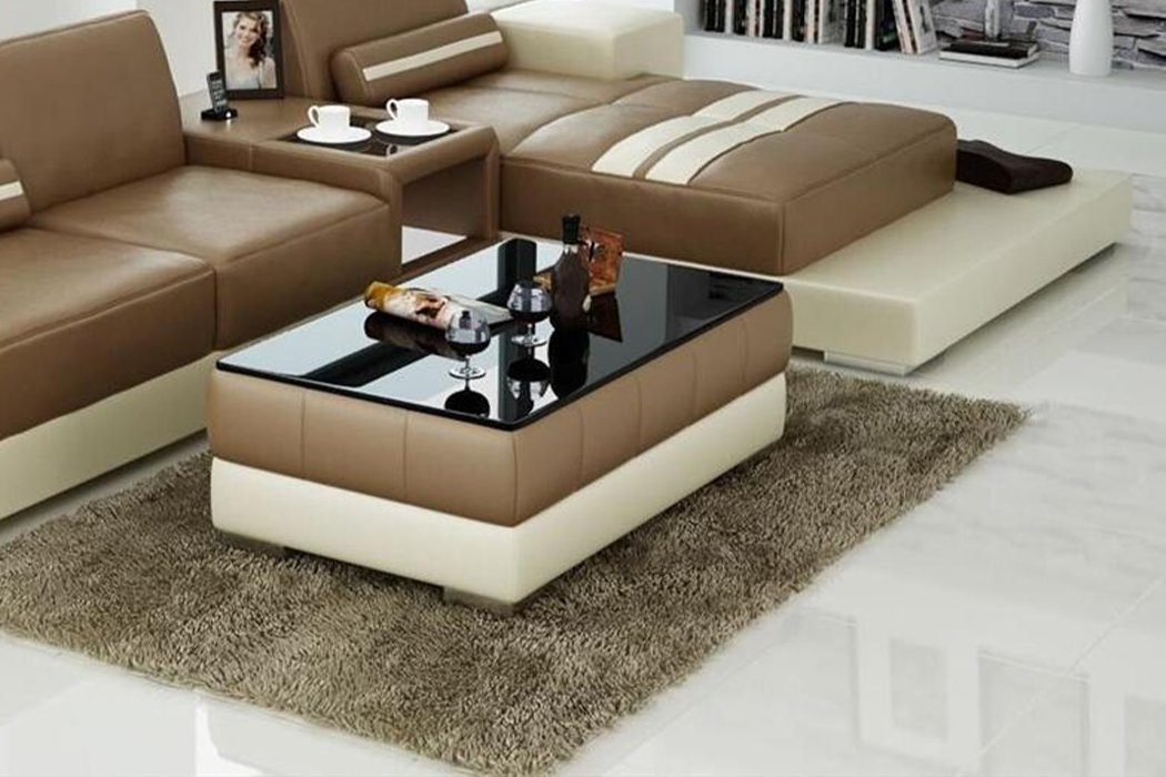 JVmoebel Couchtisch Sofatisch Design Wohnzimmer Leder Kaffee Glas Couch Polster Beistell, Sofatisch Design Wohnzimmer Leder Kaffee Glas Couch Polster Beistell Beige | Couchtische