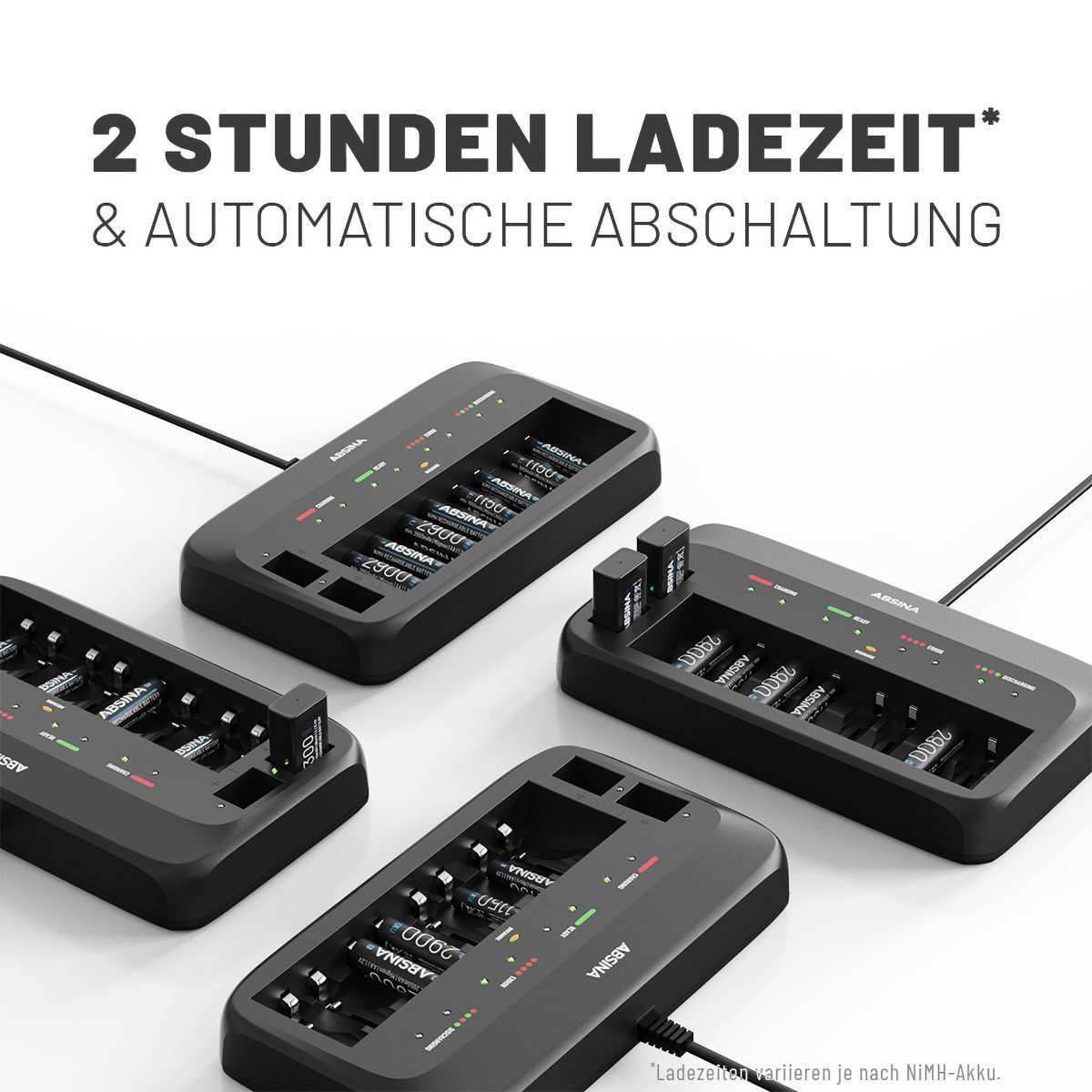 ABSINA X10 Akkuladegerät für AA, AAA & 9V - Batterieladegerät für NiMH Akkus Rundzellen-Lader (1000 mA, 1-tlg., Startet automatisch den Ladevorgang & schaltet a – Bild 4 von 5
