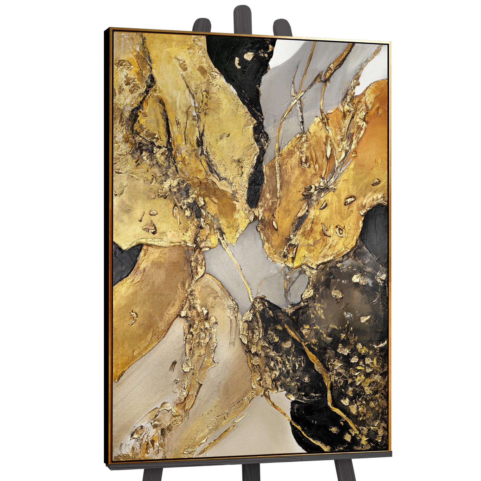 YS-Art Картина Goldener Rhythmus, Abstraktion, Abstraktion in gold und schwarzen Farben in einem Schattenfugenrahmen