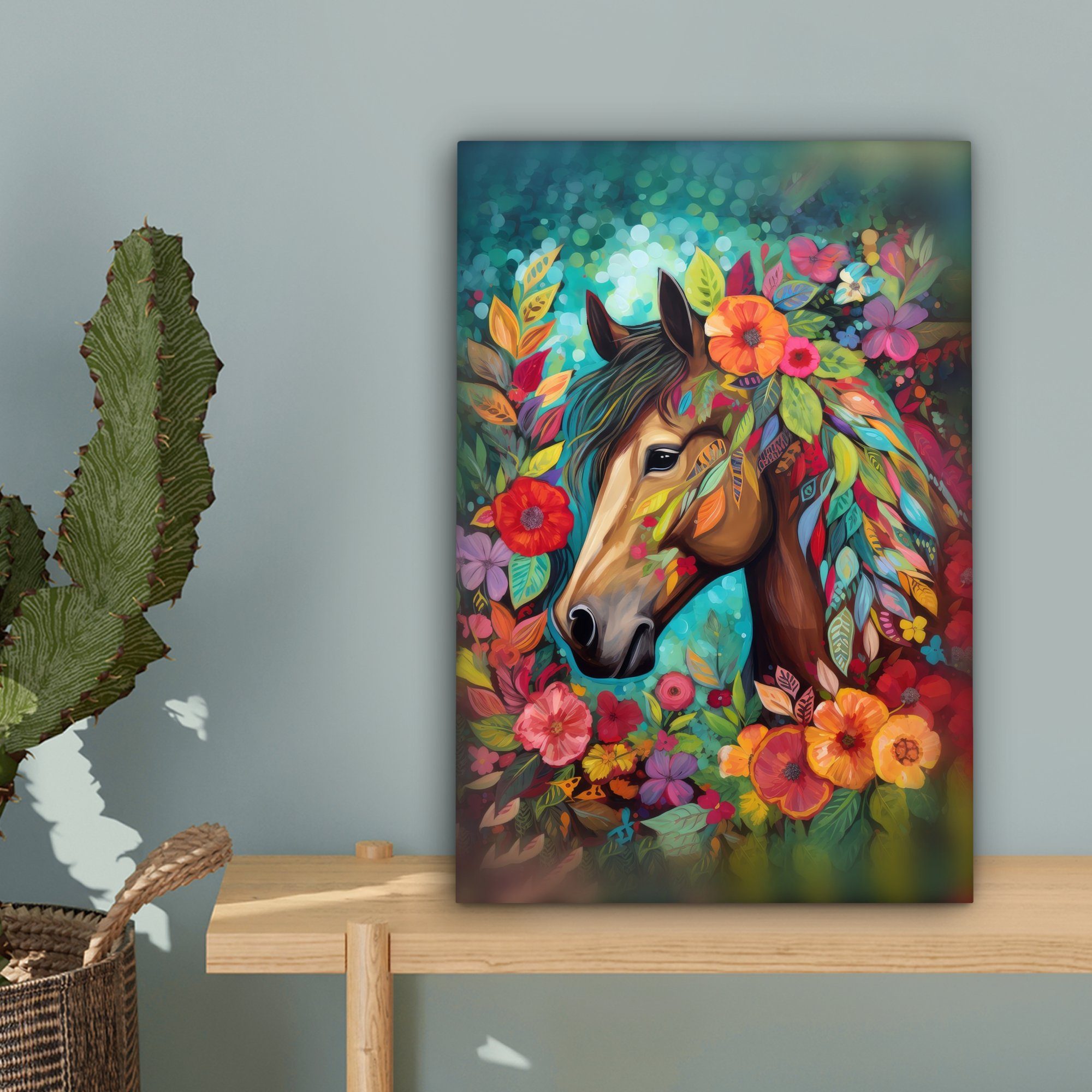 - Zackenaufhänger, Malerei Farbe, - Gemälde, - Leinwandbild fertig cm - St), bespannt (1 20x30 OneMillionCanvasses® Pferd Natur Leinwandbild Blumen inkl.