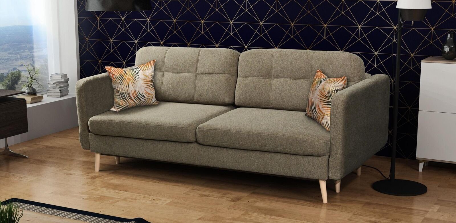 JVmoebel Sofa, Schlafsofa Luxus Polster Braun Designer Blaue Textil Sitzer Möbel Sofa 3