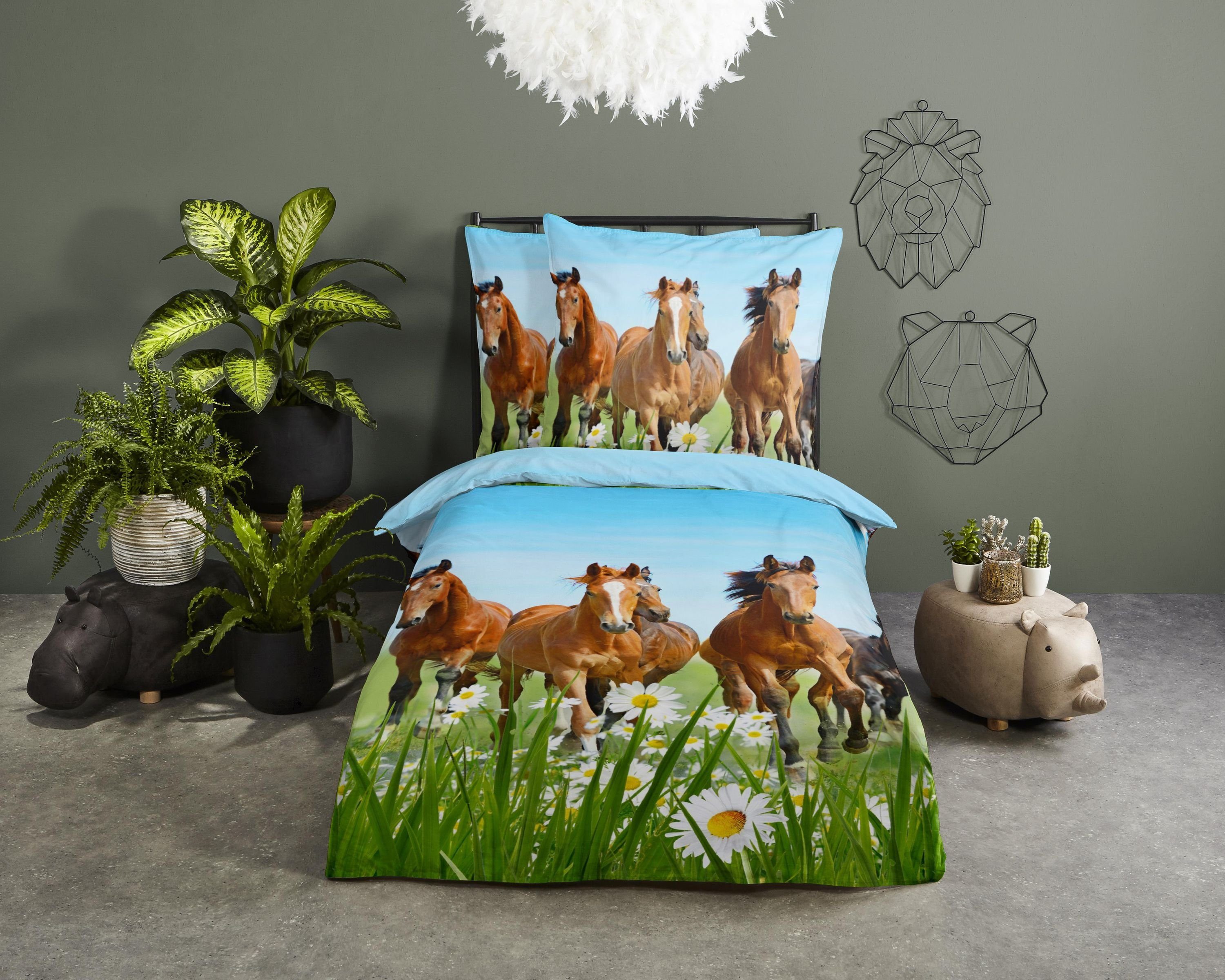 good morning Bettwäsche Baumwolle, Renforcé, 2 teilig, Pferde, Wiese, grün günstig online kaufen