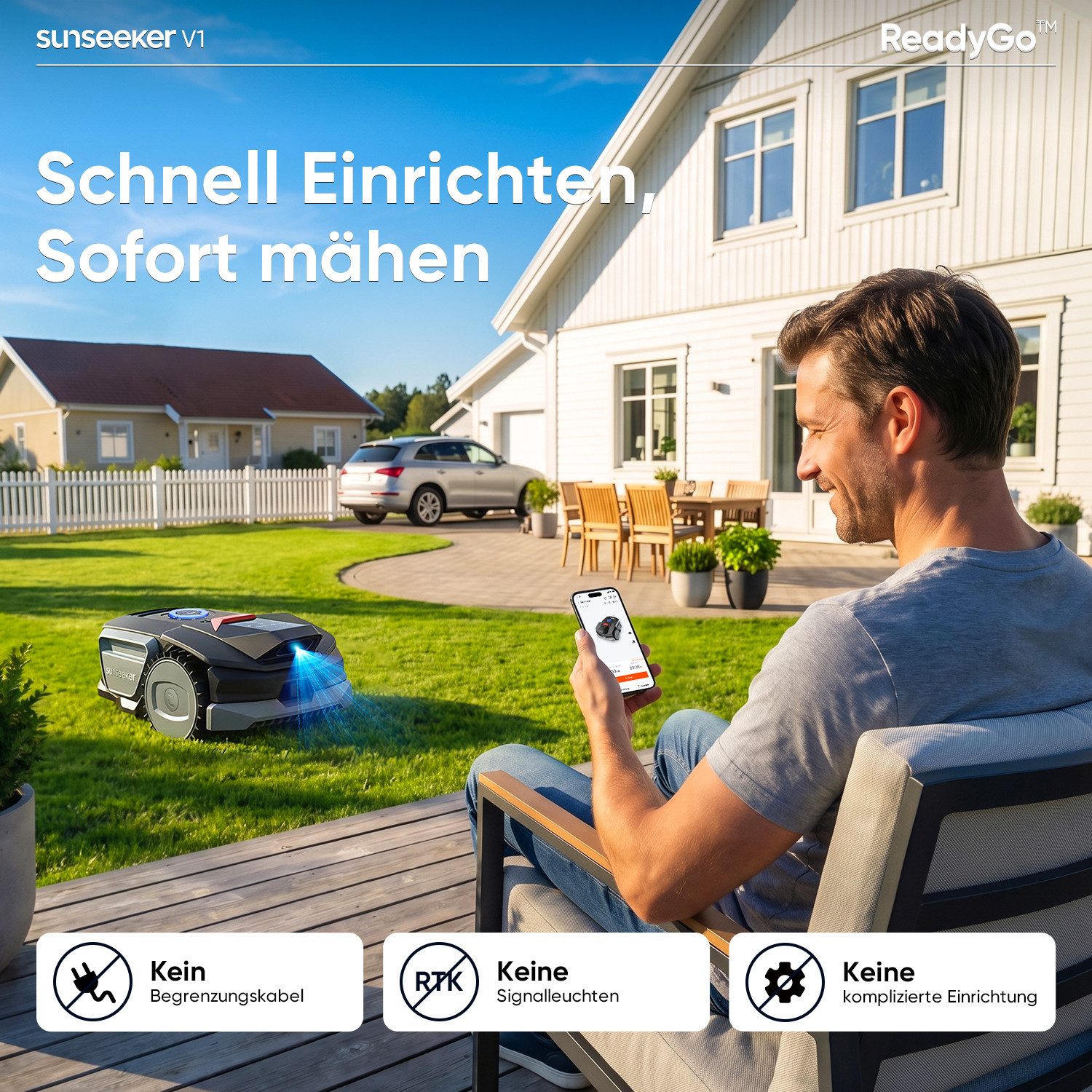 Sunseeker Rasenmähroboter V1, bis 300 m² Rasenfläche, (Packung), Ein-Klick-Mähen, Vision AI, 27% Steigung, 55 dB, App-Steuerung