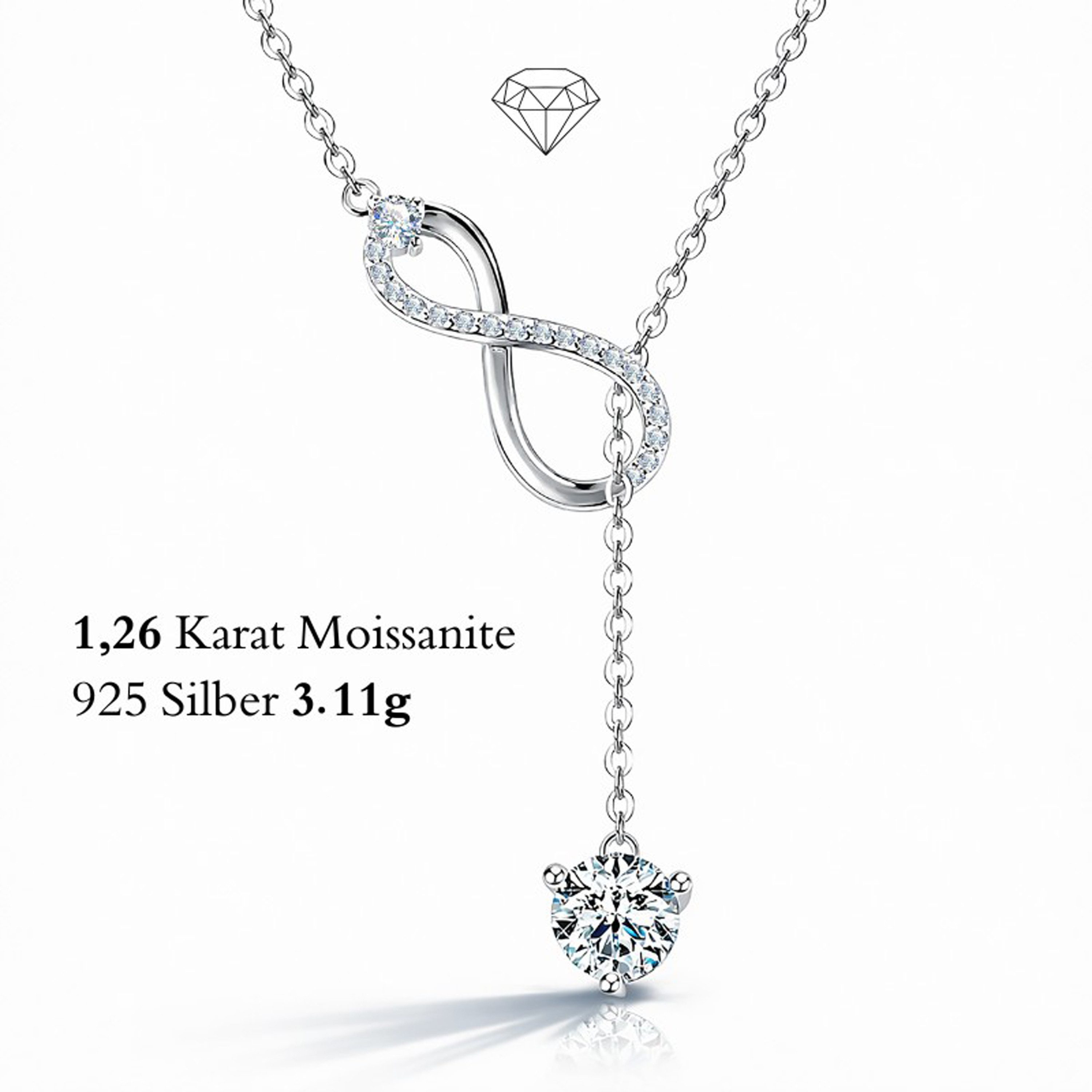 UNIQAL.de Silberkette Damen 925 Silber mit Diamant Moissanit 1,26 Karat - Infinity (Silberkette mit Infinity Moissanit Anhänger, 925 Sterling Silber weißgold oder 14K gold veredelt, inkl. Luxuriöse Schmuck Geschenkbox), Moissanit VVS1 Reinheit, GRA-Zertif