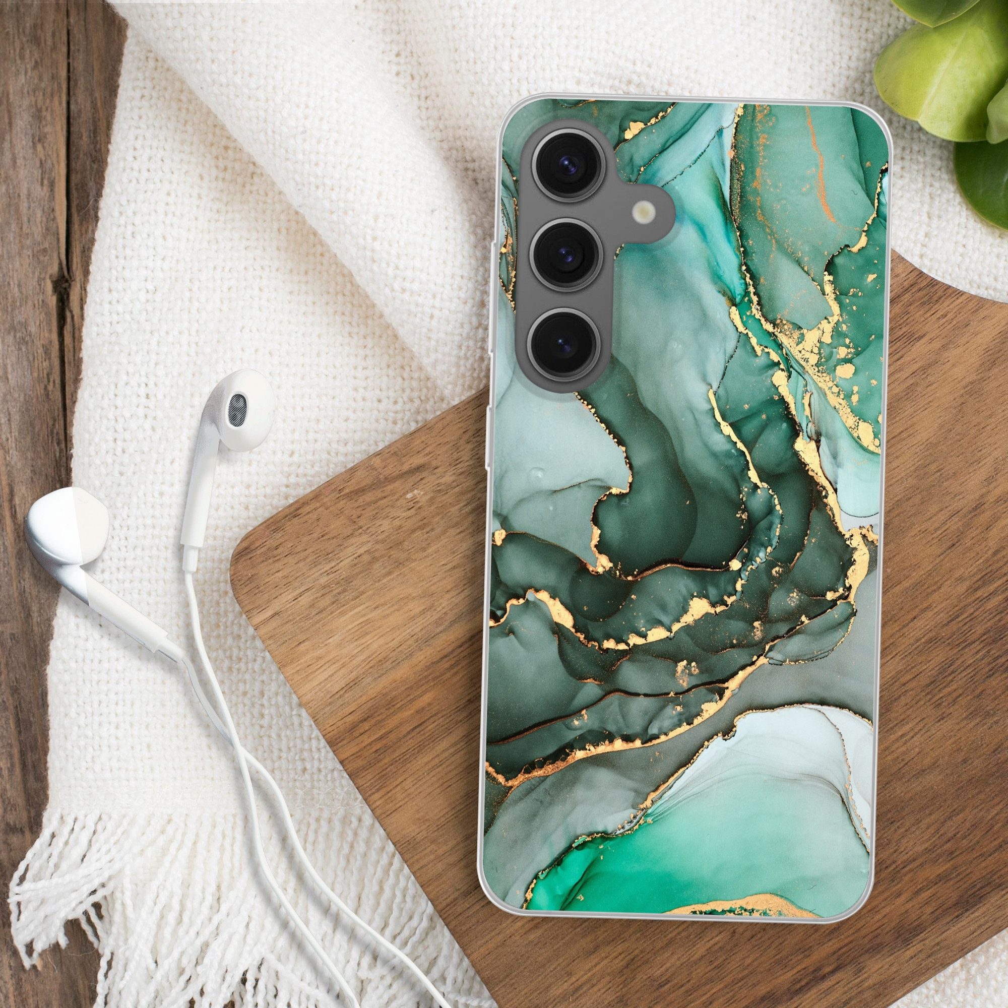MuchoWow Handyhülle für Samsung Galaxy S25 Gold - Marmor - Grün - Luxus - Marmoroptik - Gr, Phone Case, Silikon, Schutzhülle Dünn