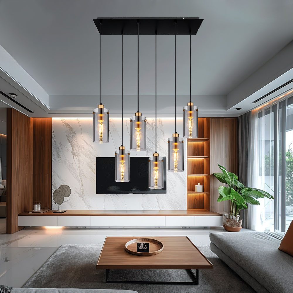 GLOBO LIGHTING Hängeleuchte, Leuchtmittel nicht inklusive, Hängelampe Pendelleuchte Wohnzimmerlampe Rauchglas 4 flammig H 120 cm