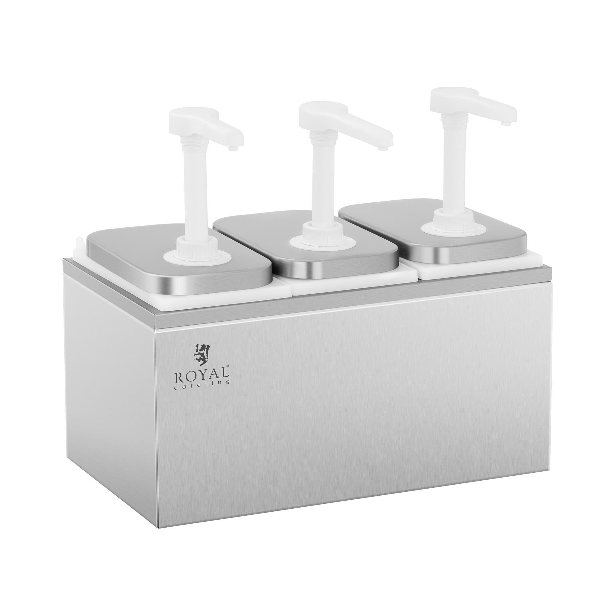 Royal Catering Sauciere Saucenspender Pumpspender Senfspender Dosierspender Edelstahl 3 Pumpen, Edelstahl, Kunststoff (Polypropylen), verschiedene Größen