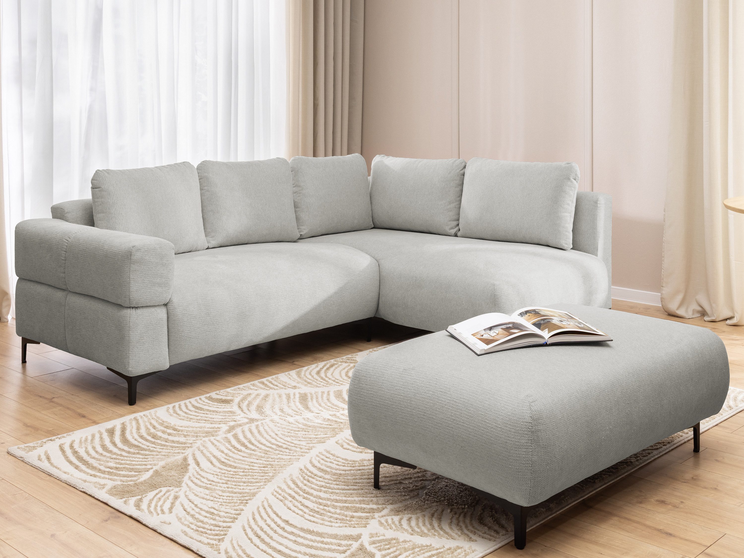 S-Style Möbel Ecksofa und Hocker Cardea mit Schlaffunktion in Bubble-Optik, aus weichem Strukturstoff, mit Wellenfederung
