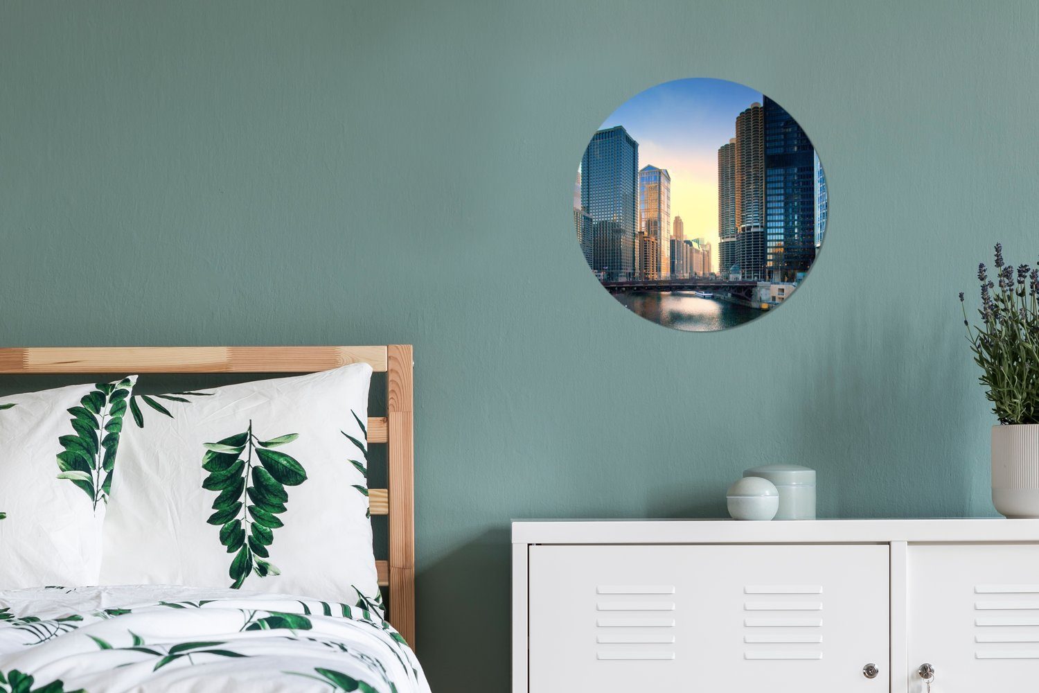 Architektur Tapetenkreis MuchoWow Wandsticker Sonnenuntergang (1 - Tapetenaufkleber, Wohnzimmer St), Chicago für Rund, Kinderzimmer, -