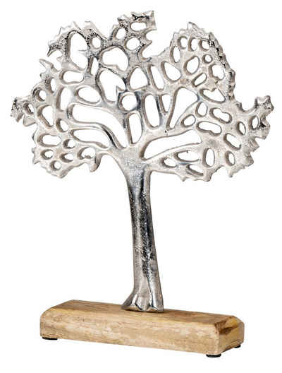 Levandeo® Dekoobjekt, Deko-Aufsteller H25cm Lebensbaum Mangoholz Silber Braun Tischdeko
