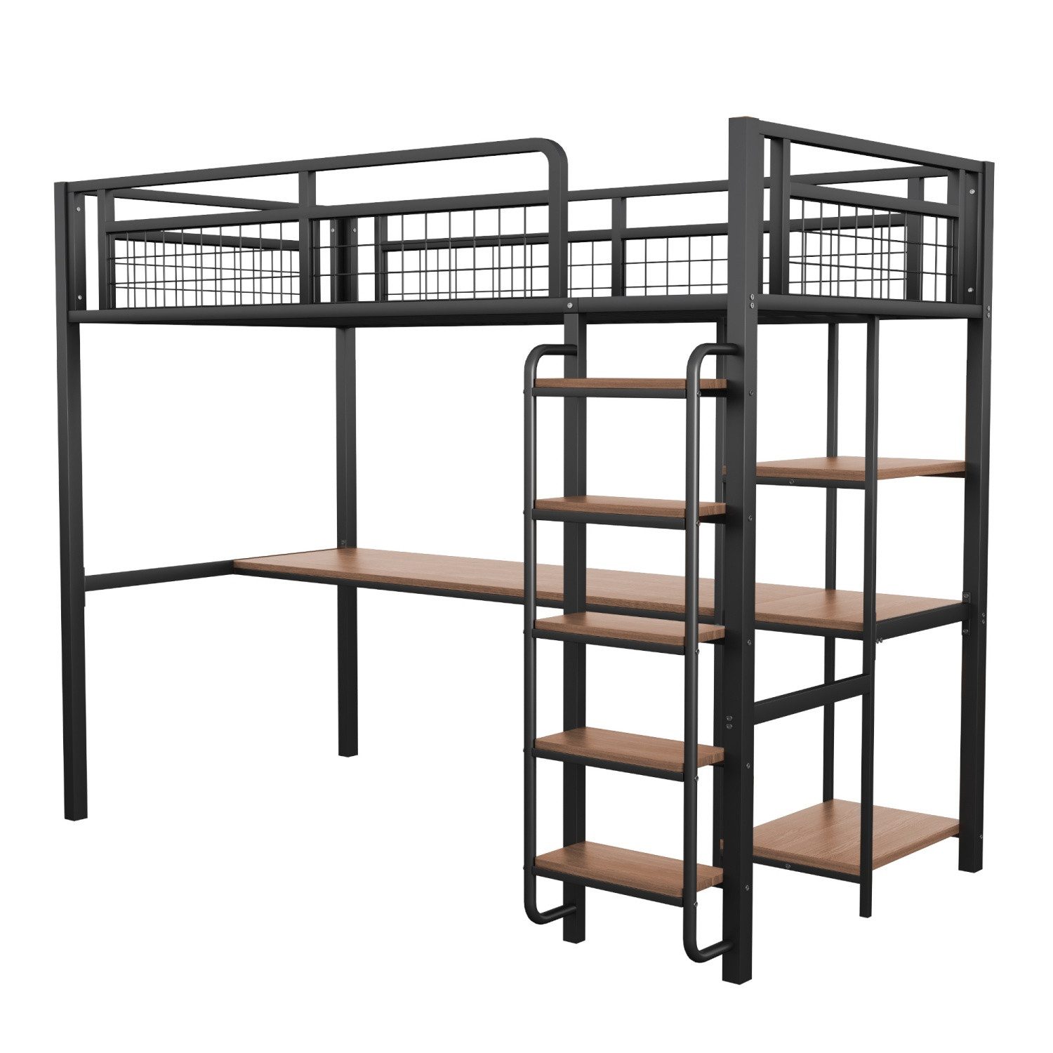 ANYSUN Hochbett Hochbett Metallbett 90x200 140x200 mit Tisch und Regal (Kinderbett Sicherheitsleiter mit Treppe) Jugendbett Erwachsenenbett, Metallgitter-Sicherheitszaun