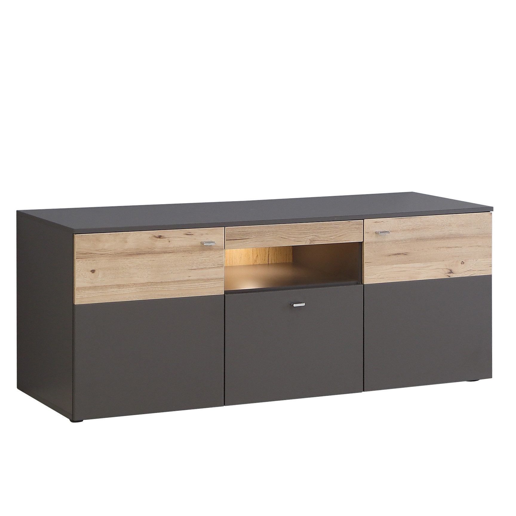 Newroom Lowboard Grau und Planked Eiche 150 cm, TV Lowboard Grau und Planked Eiche Modern TV Schrank Fernsehtisch