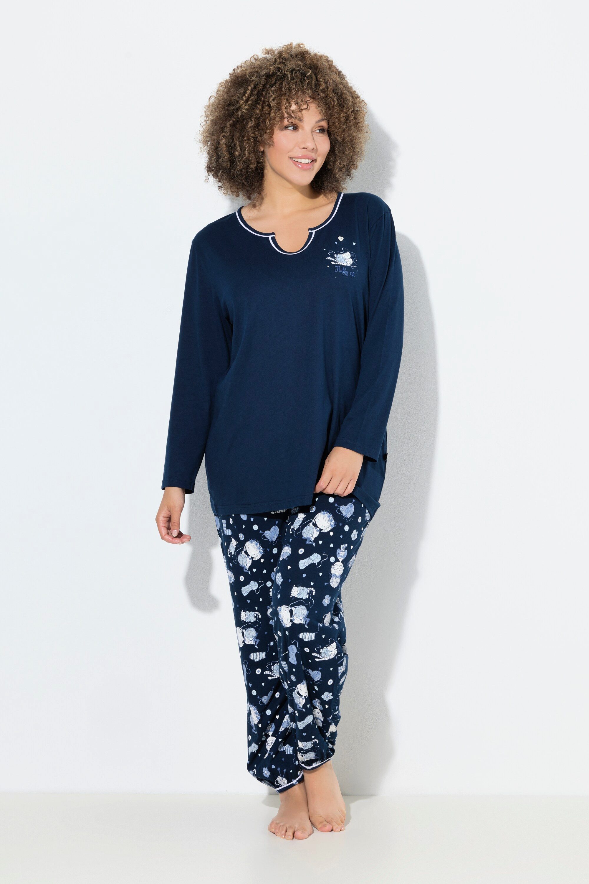 Ulla Popken Pyjama Pyjama Katzen Tunika-Ausschnitt günstig online kaufen
