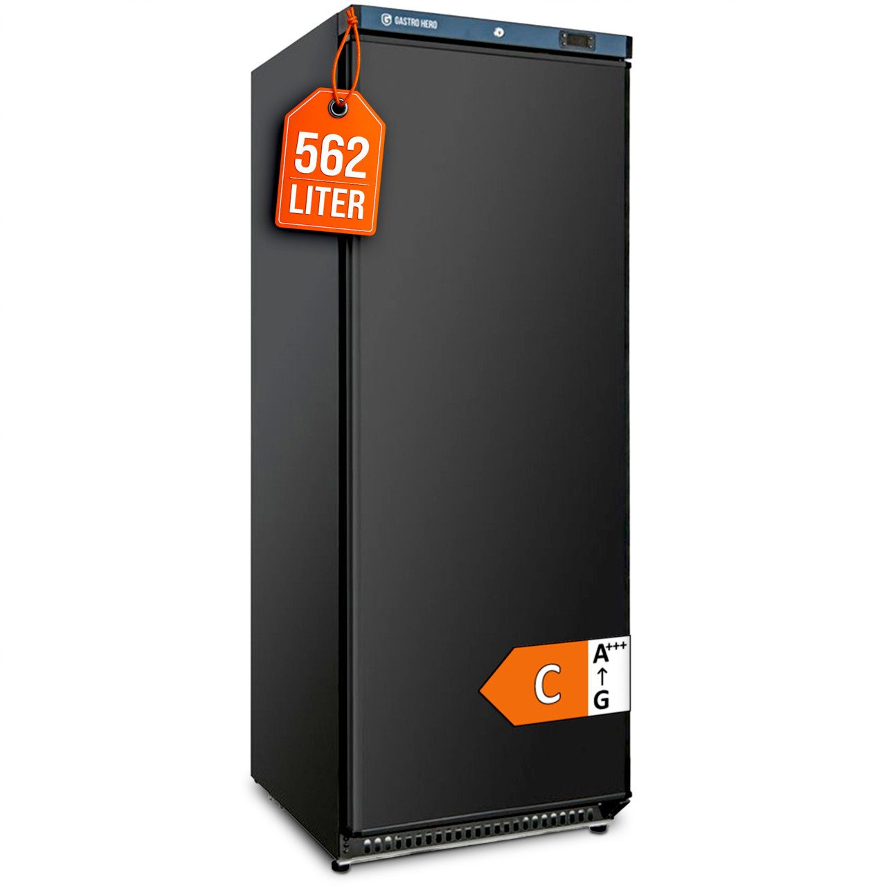 GastroHero Gefrierschrank Lagertiefkühlschrank ECO 600 Schwarz 562 Liter Umluftkühlung LTSE600B, 190 cm hoch, 77.5 cm breit, schwarzes Gehäuse für moderne Profiküchen und Verkaufsräume