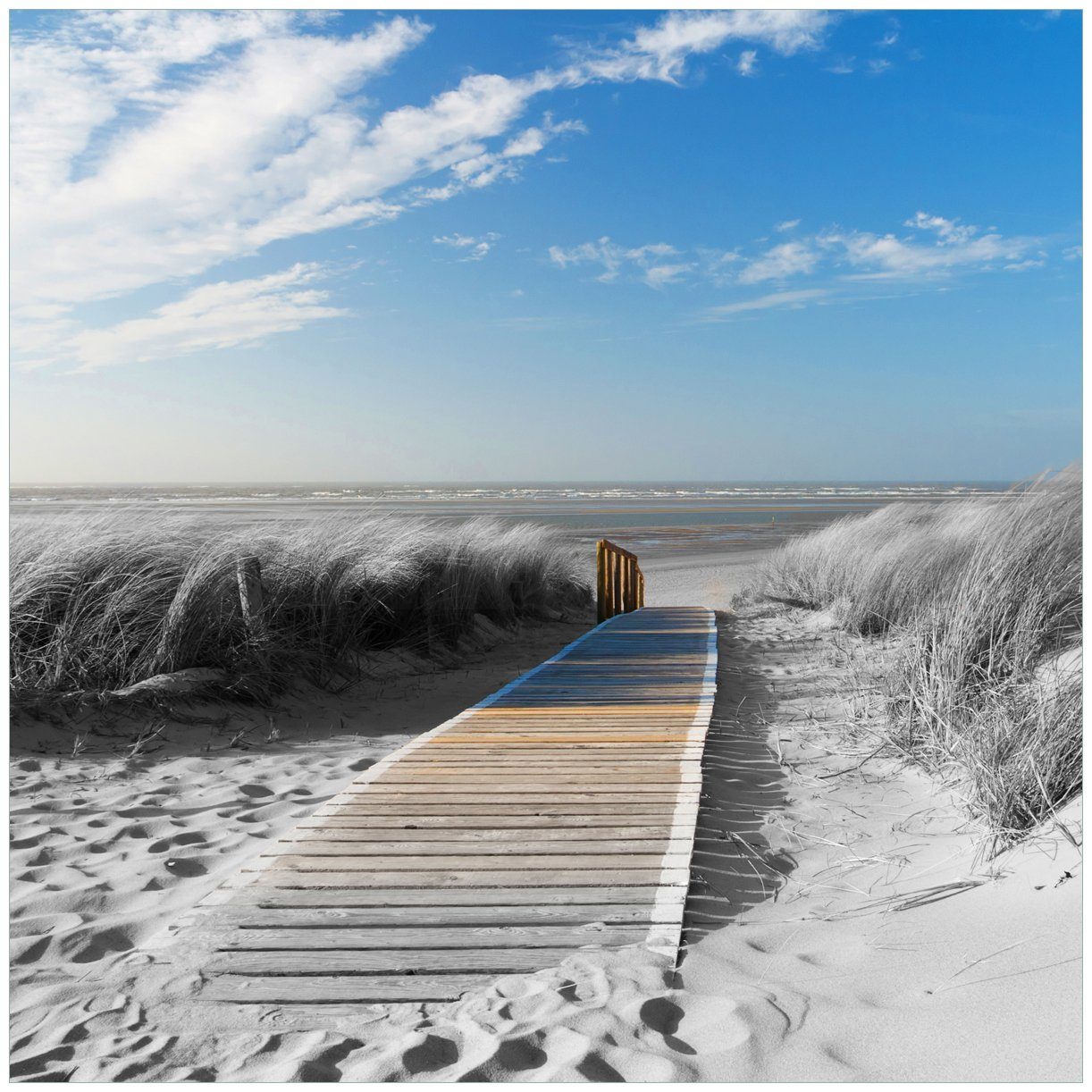 Wallario Tischplatte Auf dem Holzweg zum Strand in schwarz-weiß Optik (1 St), für Ikea Lack Tisch geeignet | Tischplatten